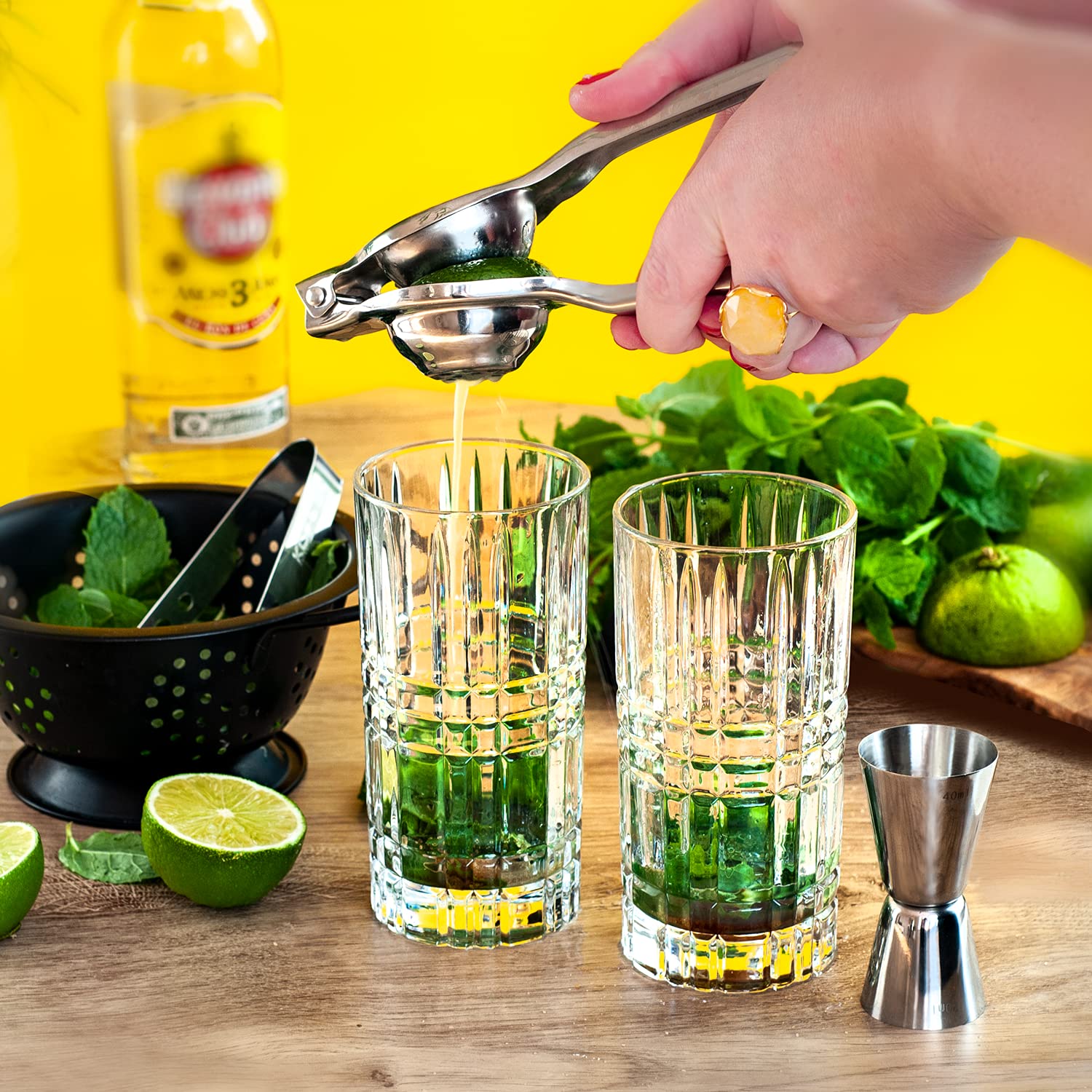 Mojito Gläser Set Cocktail Geschenkset, Geschenk Cocktails Glas 4er Sets Zubehör Zitronenpresse, 4 Strohhalme Edelstahl Messbecher Löffel Geschenkbox, Geschenke für Frauen Männer