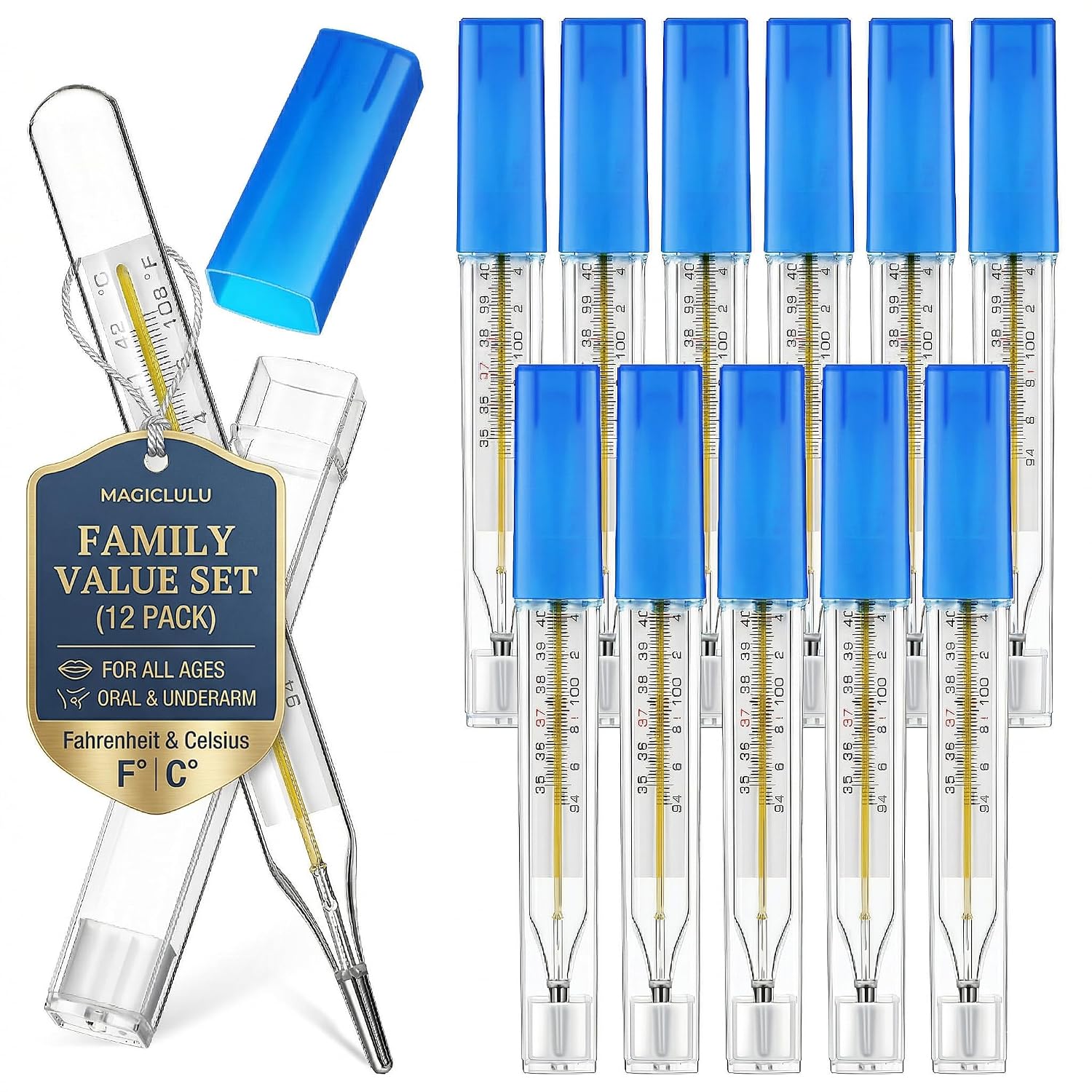 MAGICLULU 12Pcs Glass Oral Temperature for Adults Fever, Dual Scale ℃ & ℉ Traditional Underarm Body Temperature with Case, Precise Measurement for Kids Babies Elderly Home Family Clinics