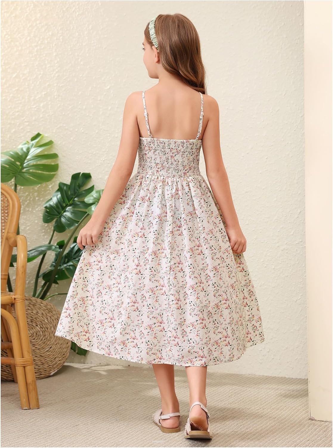 Girl's Floral Smocked A Line Long Dresses V Neck Spaghetti Strap Vacation Dress Sundress - Image 2