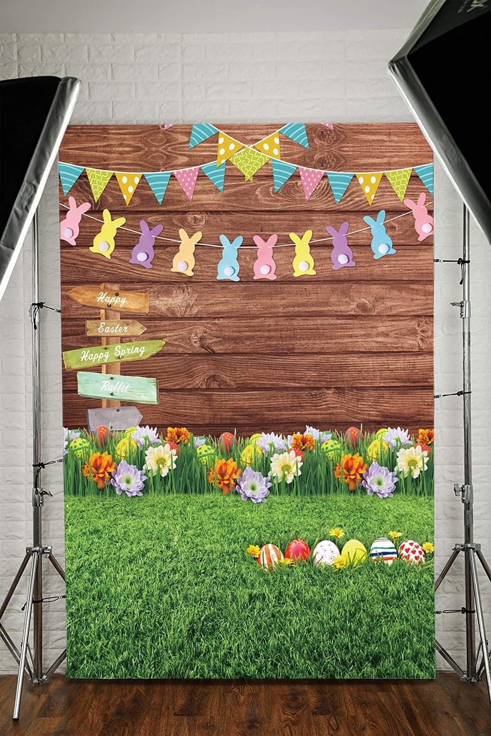 Easter Photography Backdrop Spring Eggs Signpost Wooden Wall Flowers and Grass Photo Background Newborn Party Decoration Banner Studio Props (5x7FT)