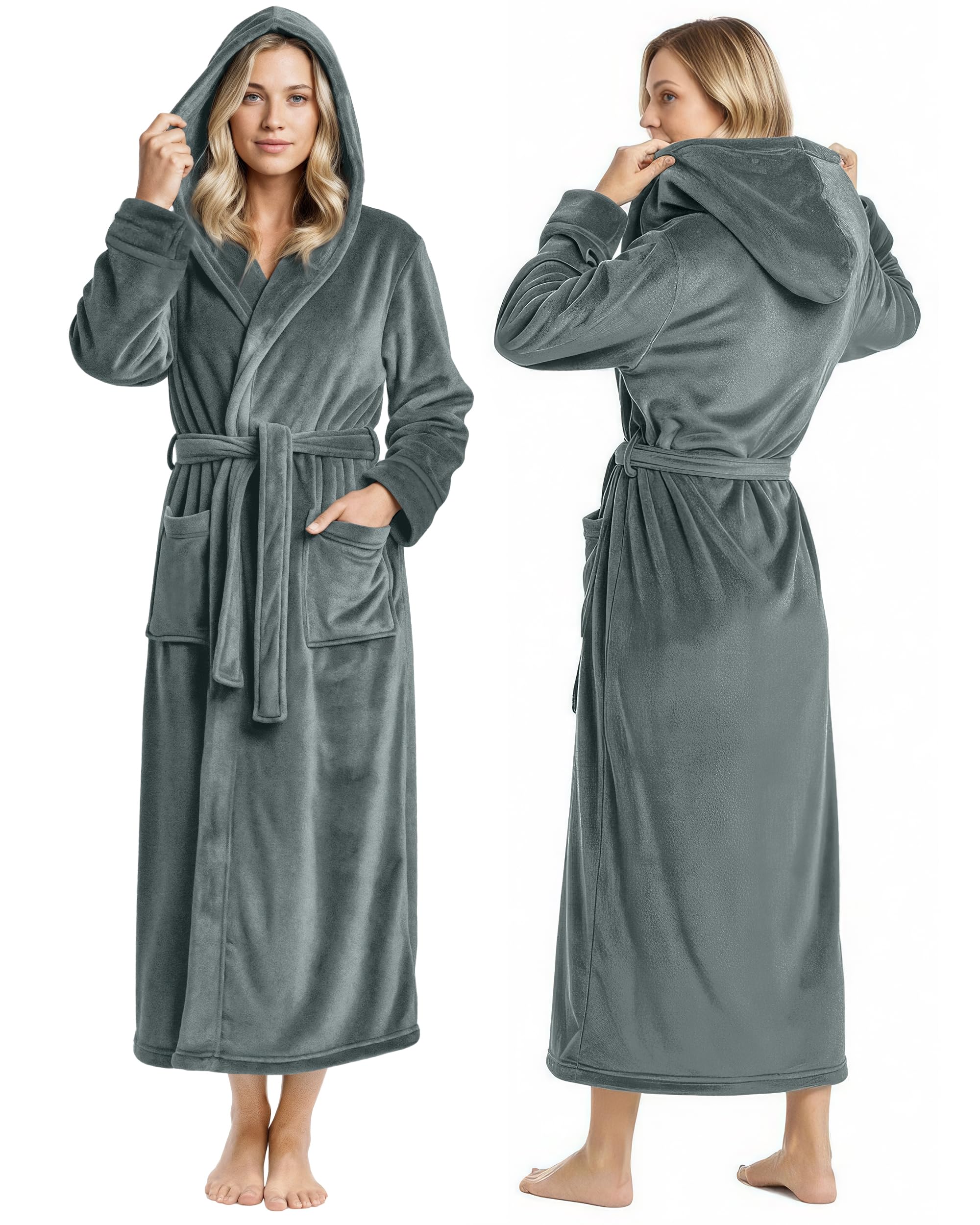 NY Threads Women's Green Fleece Hooded Bathrobe - Plush Long Robe