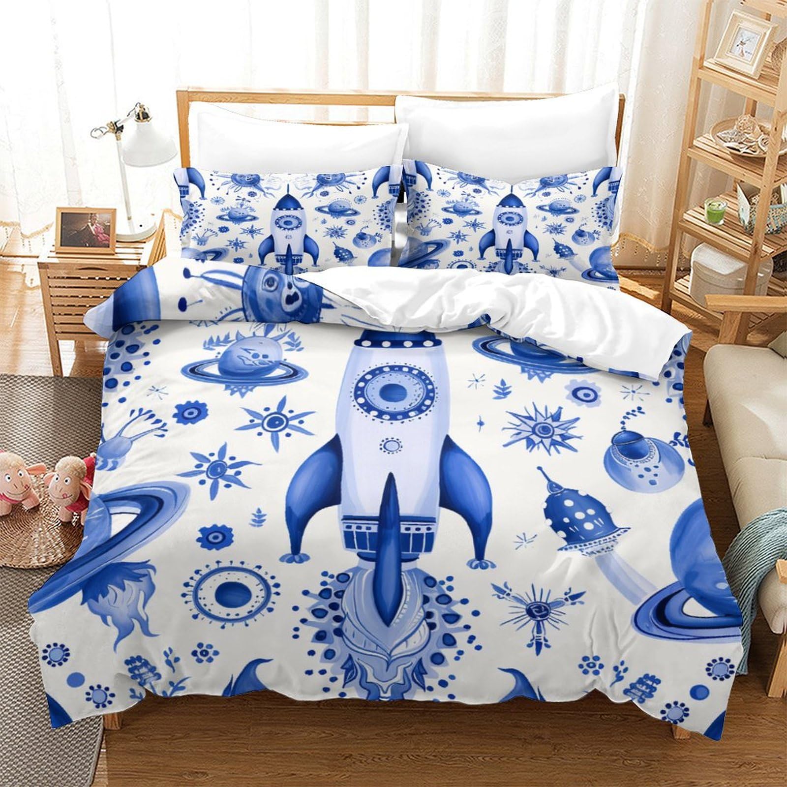 P1s9u7w5y Aircraft-6 3D Printed Space Rocket 3Pcs Duvet Cover Set Microfiber Universe Bedding Set King（220X240cm）