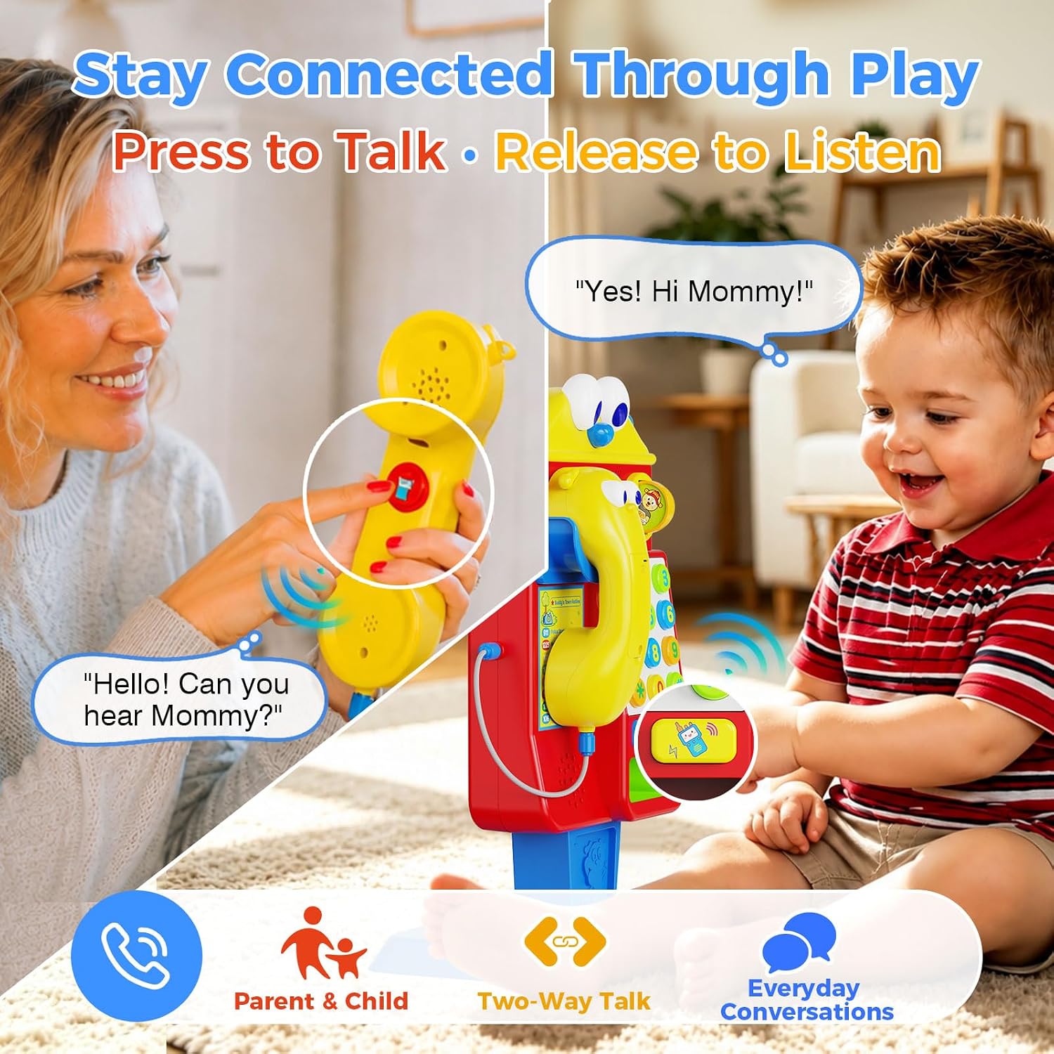 Telephone Booth Toys for Toddler 1-3, Gifts for 1-2 Year Old Boy Girl | Musical Educational Toy with Voice Repeat, Number, Music & Animal Modes, Coin Drop & Two-Way Talking, Birthday Gifts