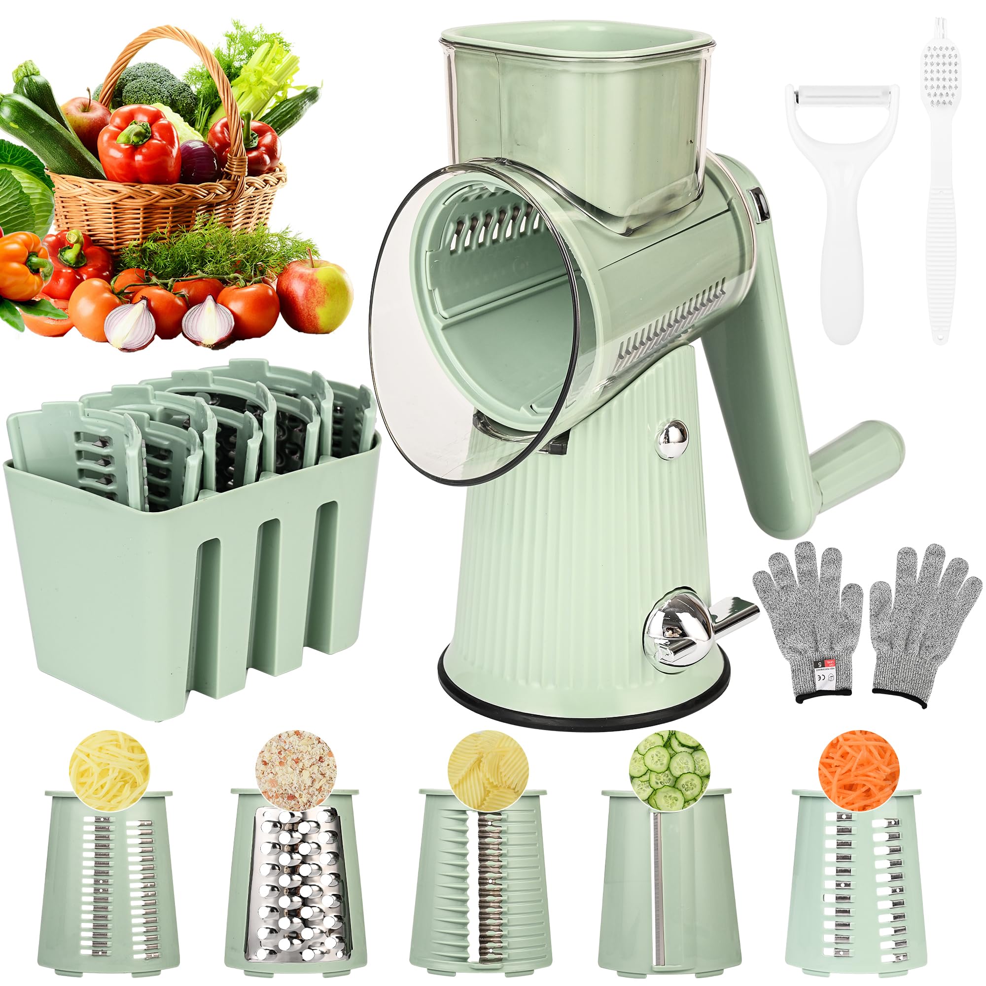 Cheese Grater With Hand Crank Countertop For Kitchen?Grater Shredder With Handle For Kitchen Rotating?Vegetable Slicer?Nuts Grinder Cheese Shredder with Clean Brush(5 Blades Matcha Color)