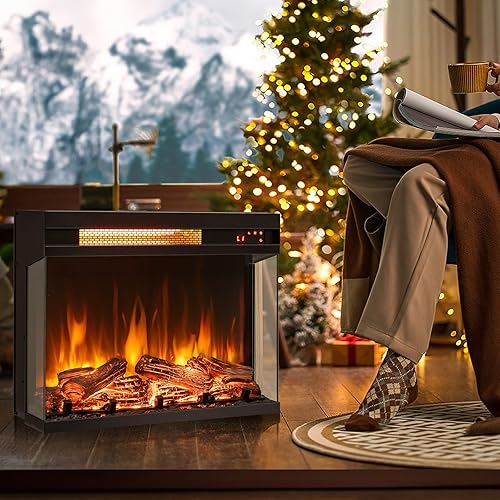 Miniatura 3 de COSTWAY Chimenea eléctrica de 3 lados de 23 pulgadas, inserto de chimenea empotrada de 1500 W con llama de 7 colores y brillo ajustable,