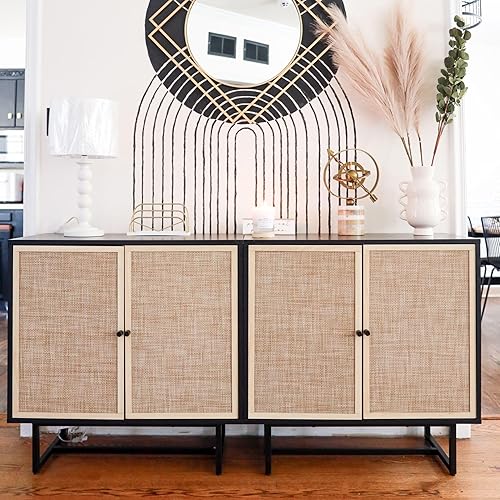 Miniatura 5 de Nathan James Kova - Aparador de almacenamiento de ratán con marco de madera y metal mate, estantes interiores ajustables y puertas de caña, para