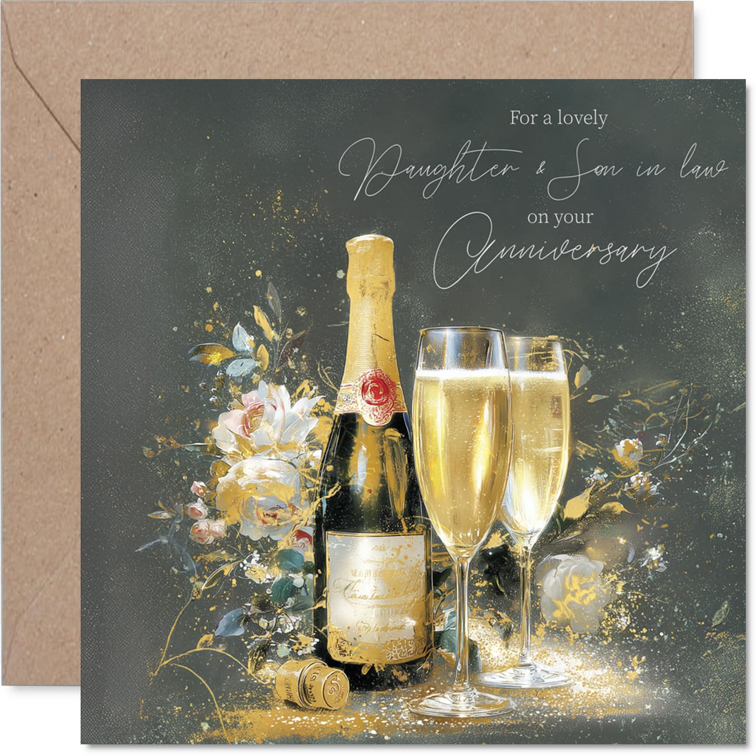 Gold Daughter & Son in Law Anniversary Card - Gold Champagne - Happy Anniversary Card for Daughter & Son in Law from Dad Mum, 145mm Golden Wedding Anniversaries Greeting Cards