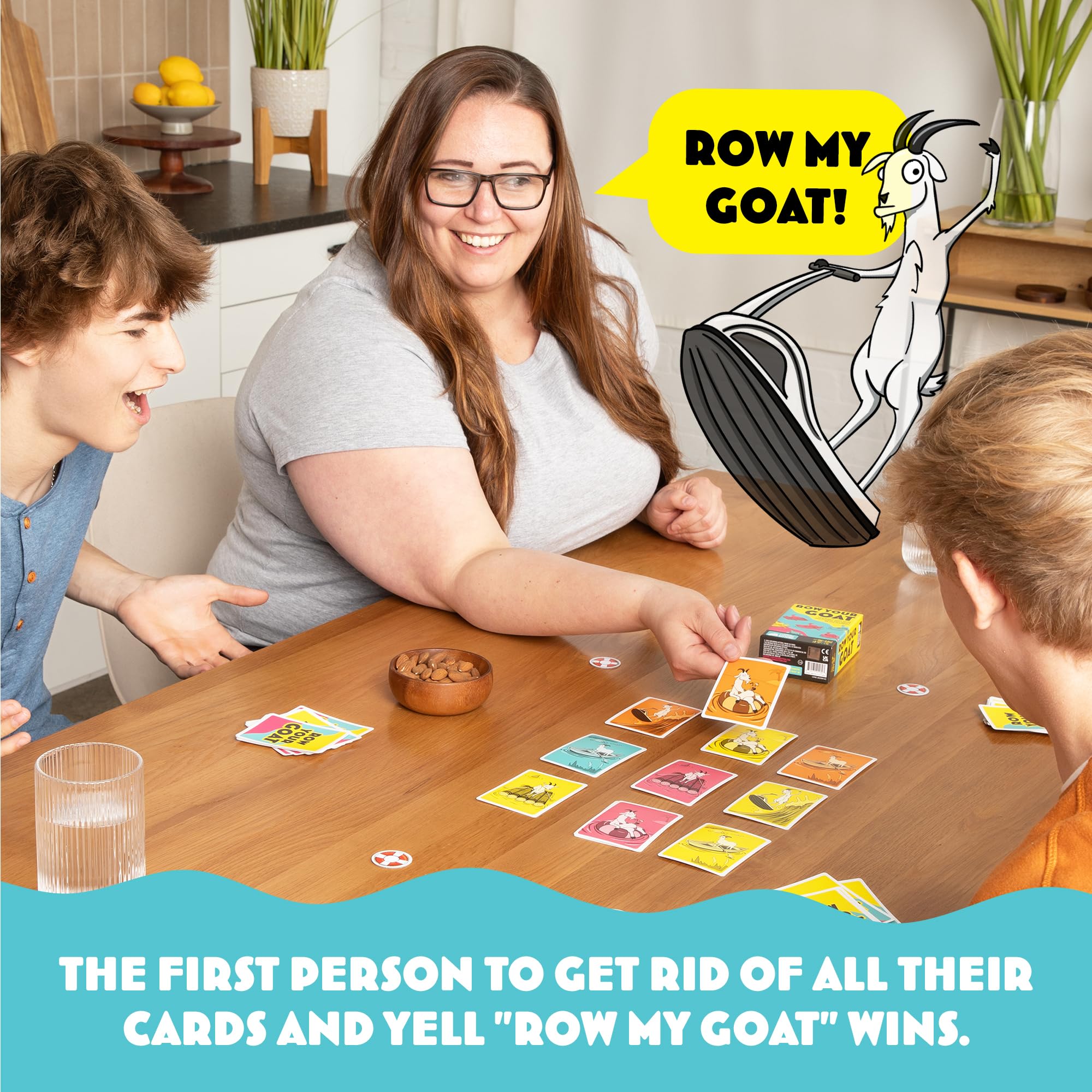 Row Your Goat: By Exploding Kittens, 2-6 Players, Age 7+ Fast Card Game | Play goat cards, spot matching colors or boats, and grab a lifesaver fast. The slowest player collects the pile! Family Game