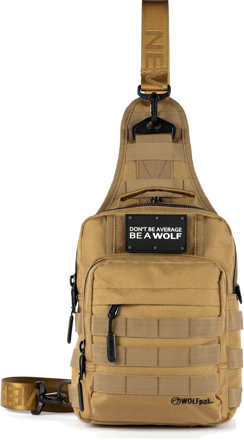 WOLFpak 9L Tactical Sling Bag (Khaki) | Concealed Carry CCW Backpack | Military Crossbody EDC Daypack Molle Chest Shoulder Pack for Hiking, Travel, Work |