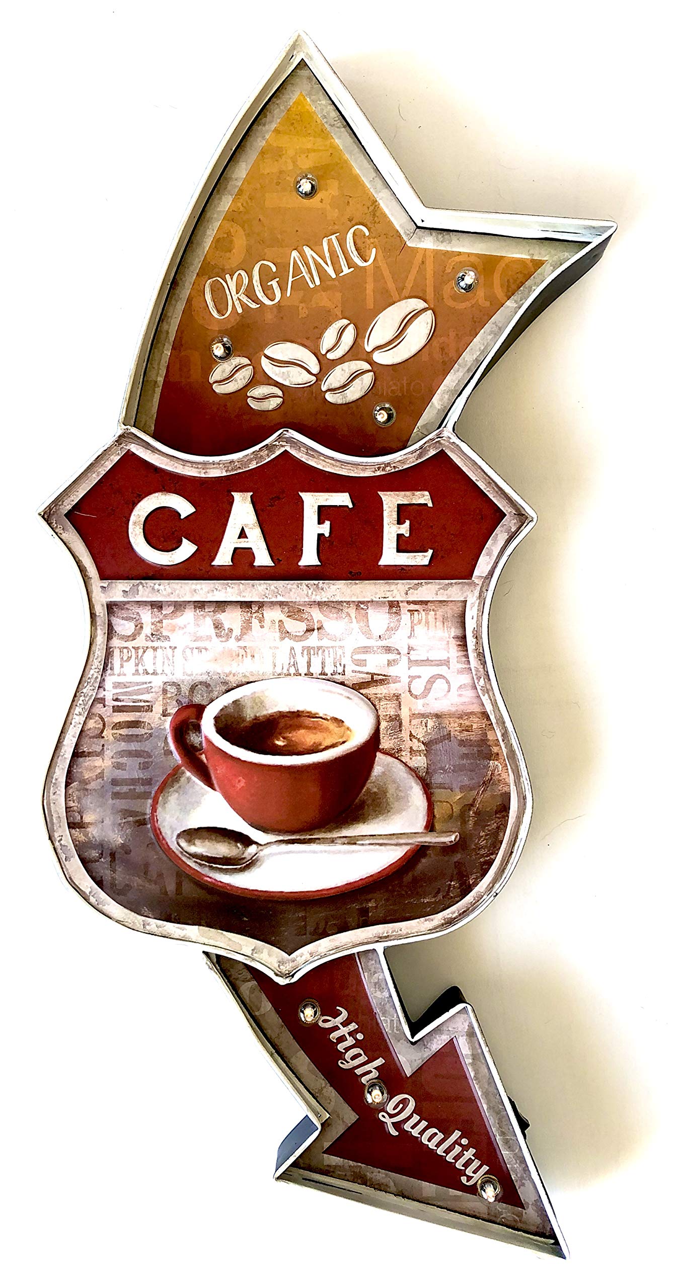 Targa retrò luminosa per caffetteria, vintage, in metallo, artigianato, accessori per la decorazione della casa (Organic Cafe)