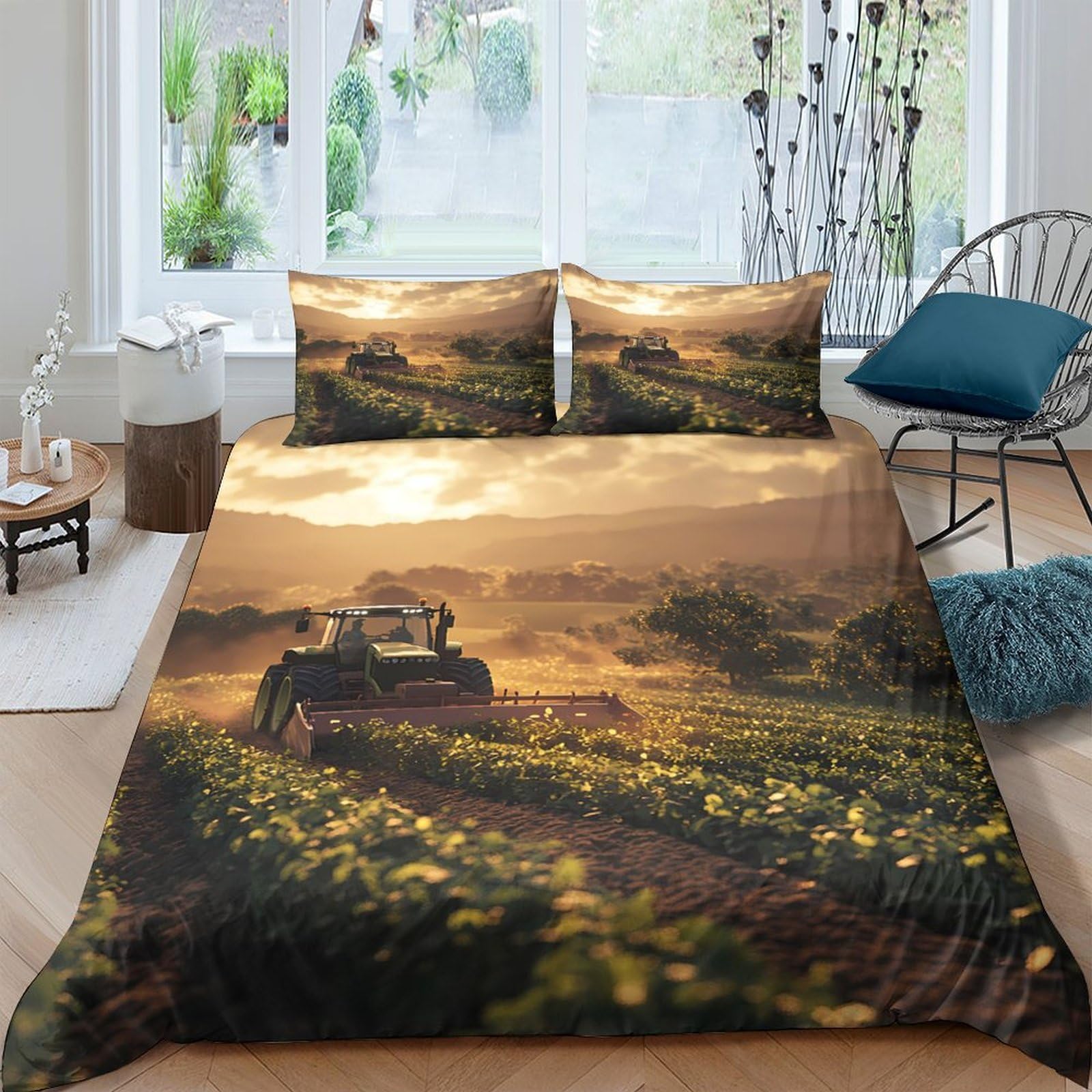 Ctjqhvkz Style-7 3D Printed Sunset Farm View Fitted Sheet Microfiber Soft Earthy Tractor Scene Mattress Cover Bedroom Decor Single（135X200cm）