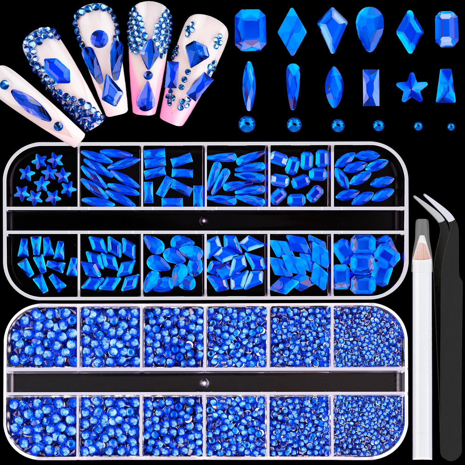 3220Pcs Royal Blue Glass Nail Rhinestones 120Pcs Multi Shapes Flatback Gems Crystal + 3100Pcs 1.5-4mm Round Beads, Manicure Diomand Jewelry Gemstones