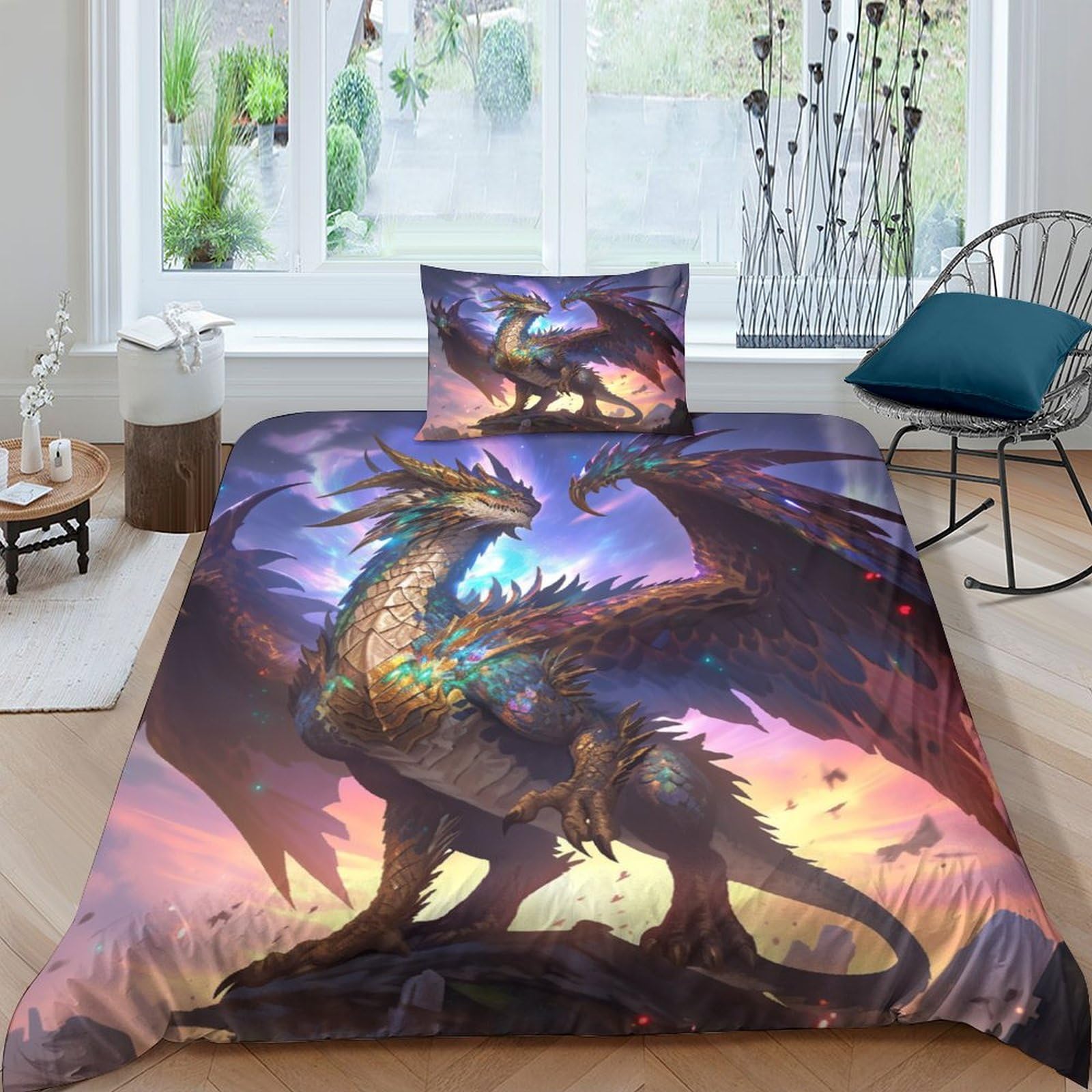TNFHSOFT Flying Dragon Quilt Cover 3D Printed Soft Microfiber Cool Animals Duvet Cover Set with Zipper Closure 3 Piece Comforter Cover for Adults Kids Bedding Set with Pillowcase Single（135x200cm）