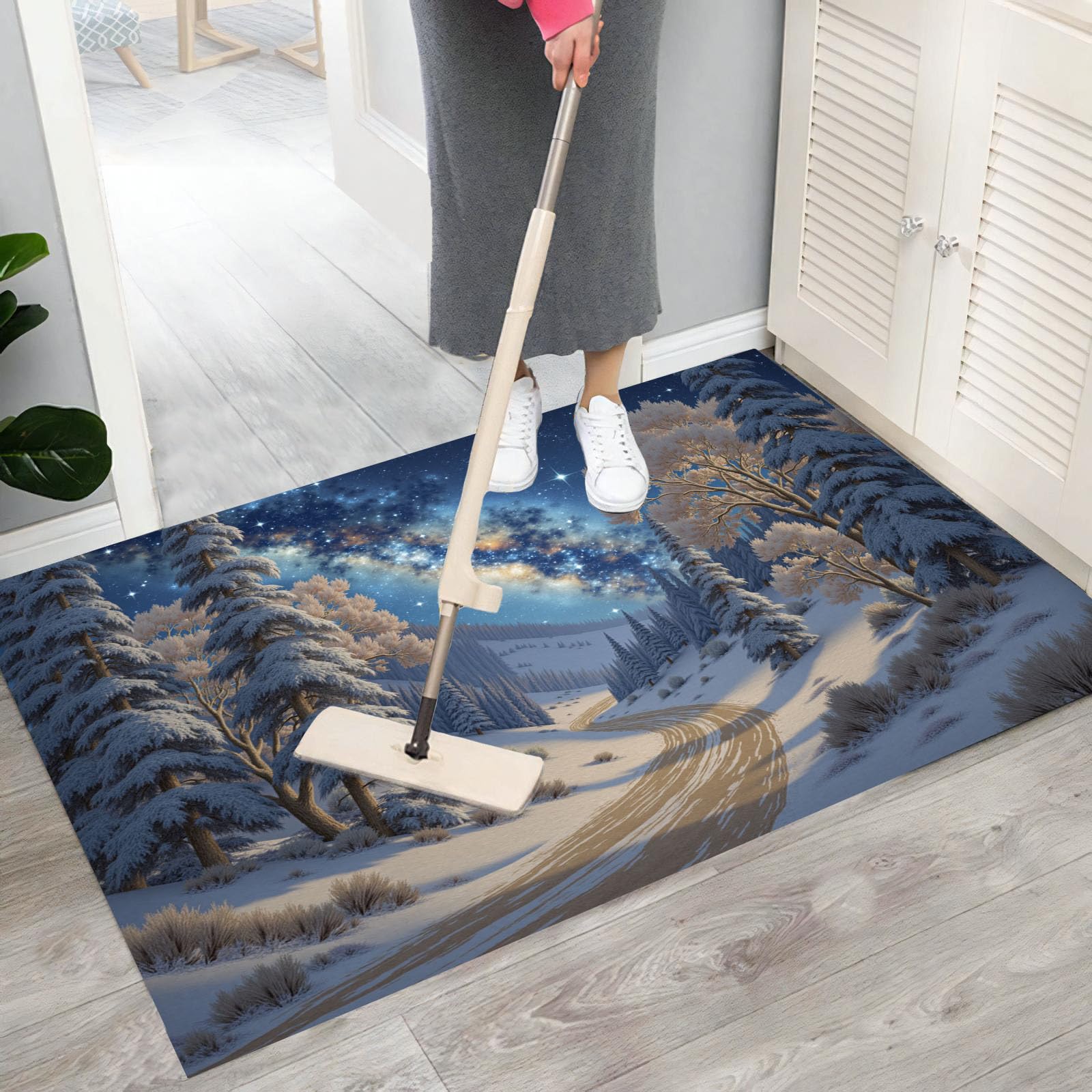 Tapis De Porte De Bienvenue, 90 X 150 Cm Scène Neige Étoilée Rêve Paillasson Entree Antidérapant Lavable Arbre Galaxie Neige Tapis De Sol Anti-Poussière pour Entrée Couloir Cuisine,Bleu