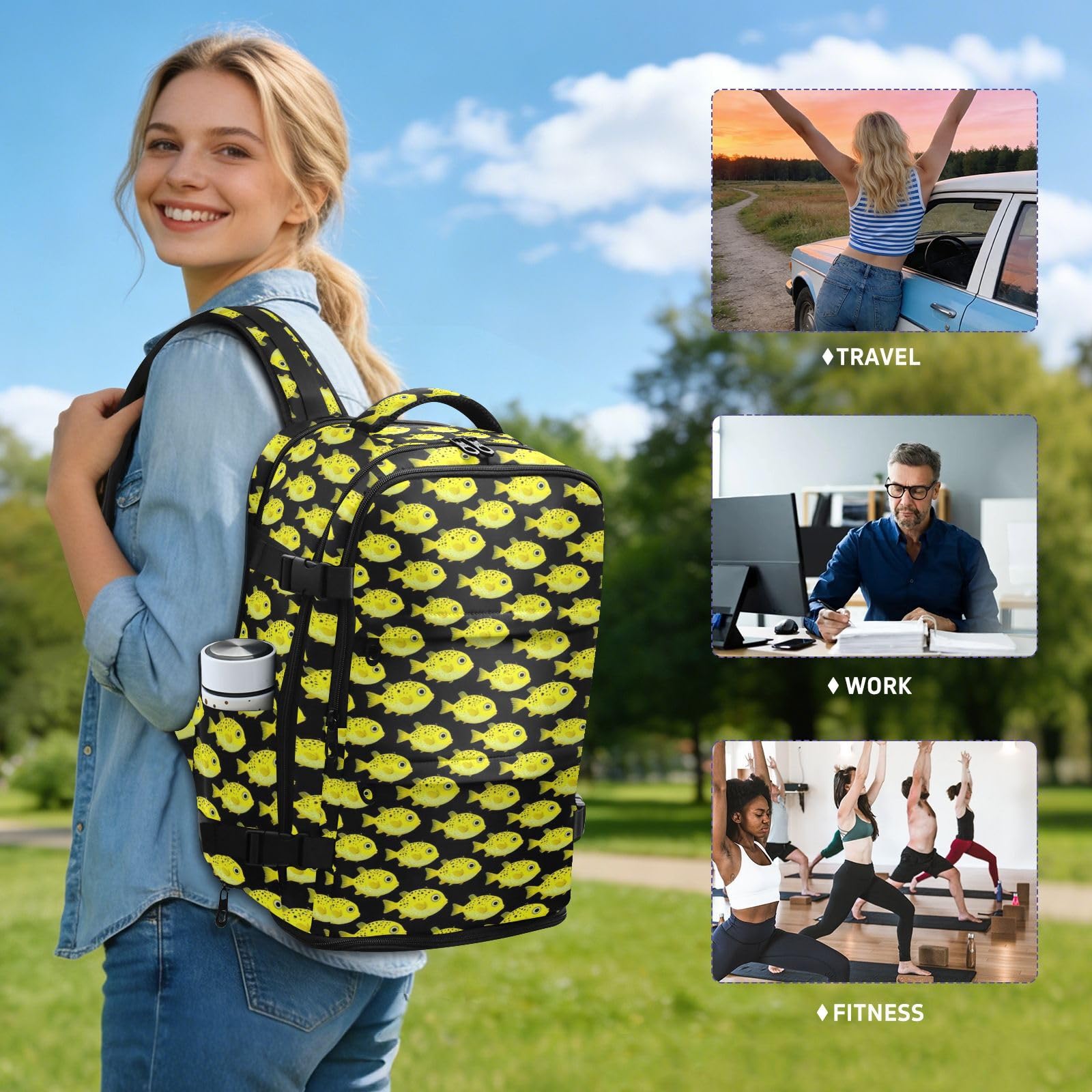 Damski plecak osobisty torba podróżna do samolotów 20 l | Wodoodporna lekka torba na laptopa groszek puffers ryba żółta czarna 15,6 torba na laptopa do szkoły bolso para viaje 20 l