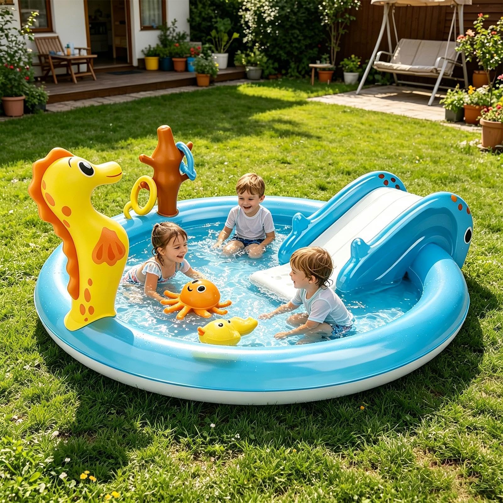 Piscina Per Bambini Con Scivolo - Giocattolo Gonfiabile Esterno Tema Mare,Piscinetta da Giardino per Piccoli,Per Bambini Giardino Spiaggia Campeggio Scuole 'Infanzia Asili Vacanza Festa Di Compleanno