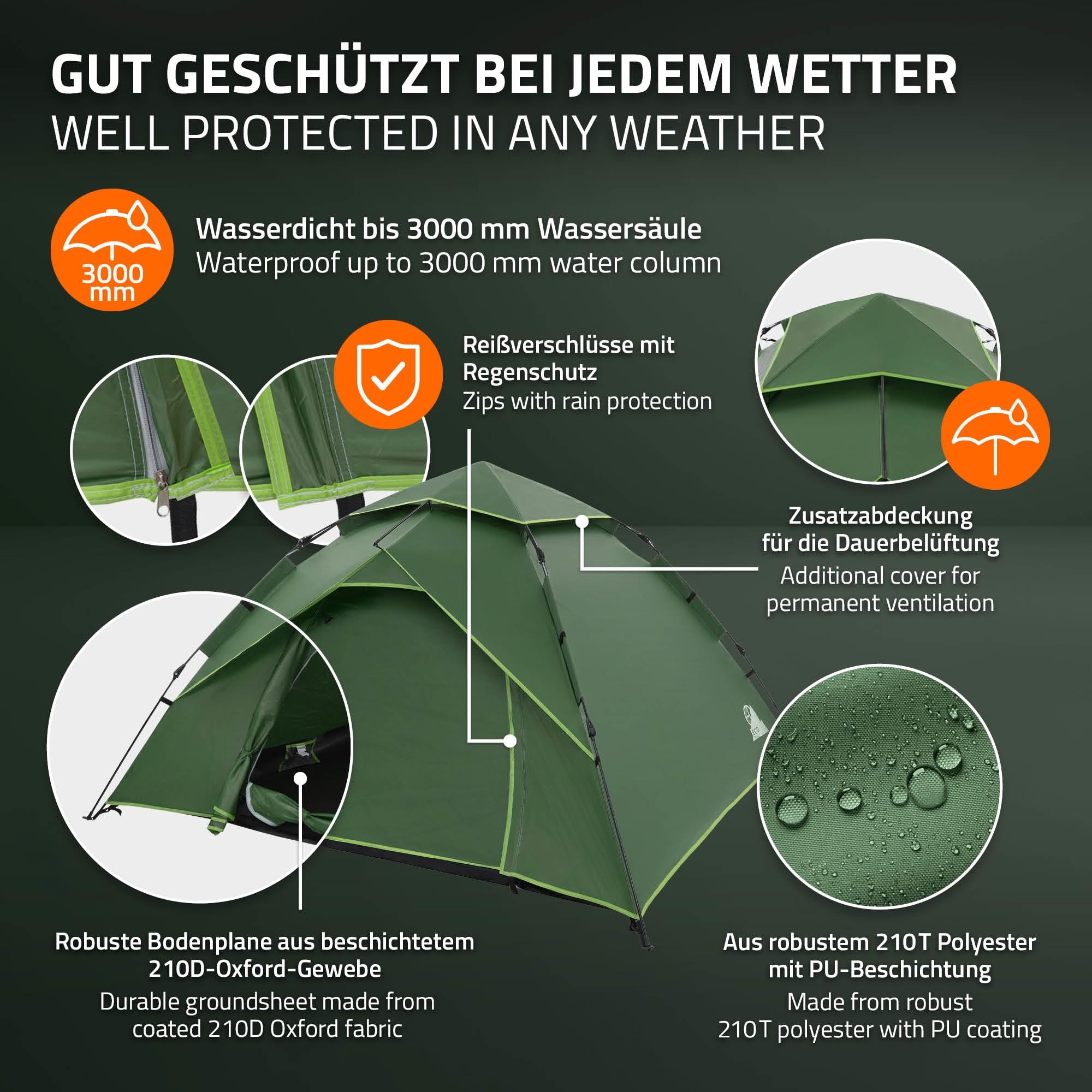 ECD Germany Tente Pop Up 4 Personnes, Résistante au Vent et Respirante, Tente de Camping Plage, Imperméable Légère, Dôme à Double Couche pour Randonnée Pêche avec Sac de Transport, Vert/Gris