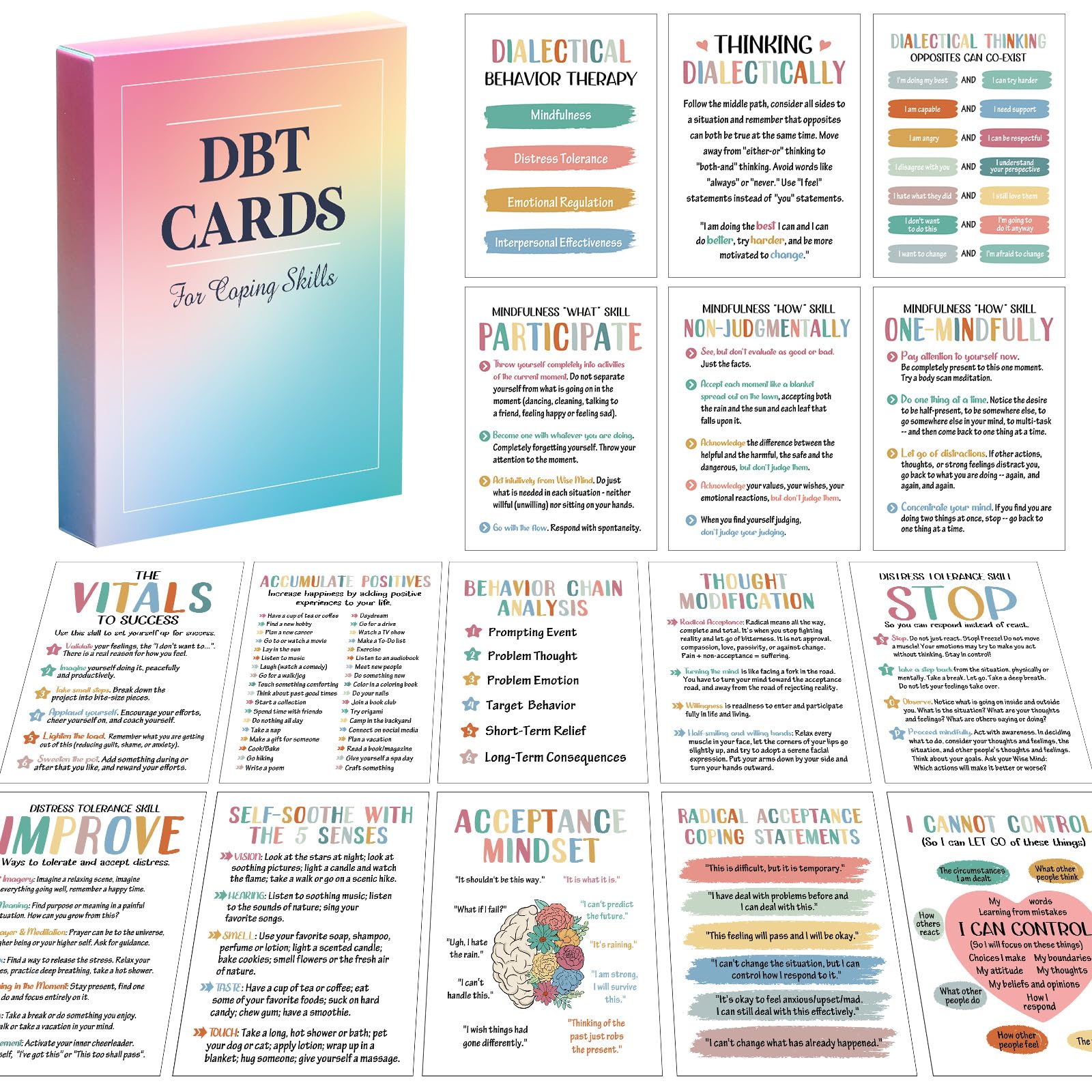 Marspark 48 Pcs DBT Flashcards - Dialectical Behavior Therapy Coping Skills Cards, Anxiety Coping Skills, Cognitive Distortions, DBT Affirmations