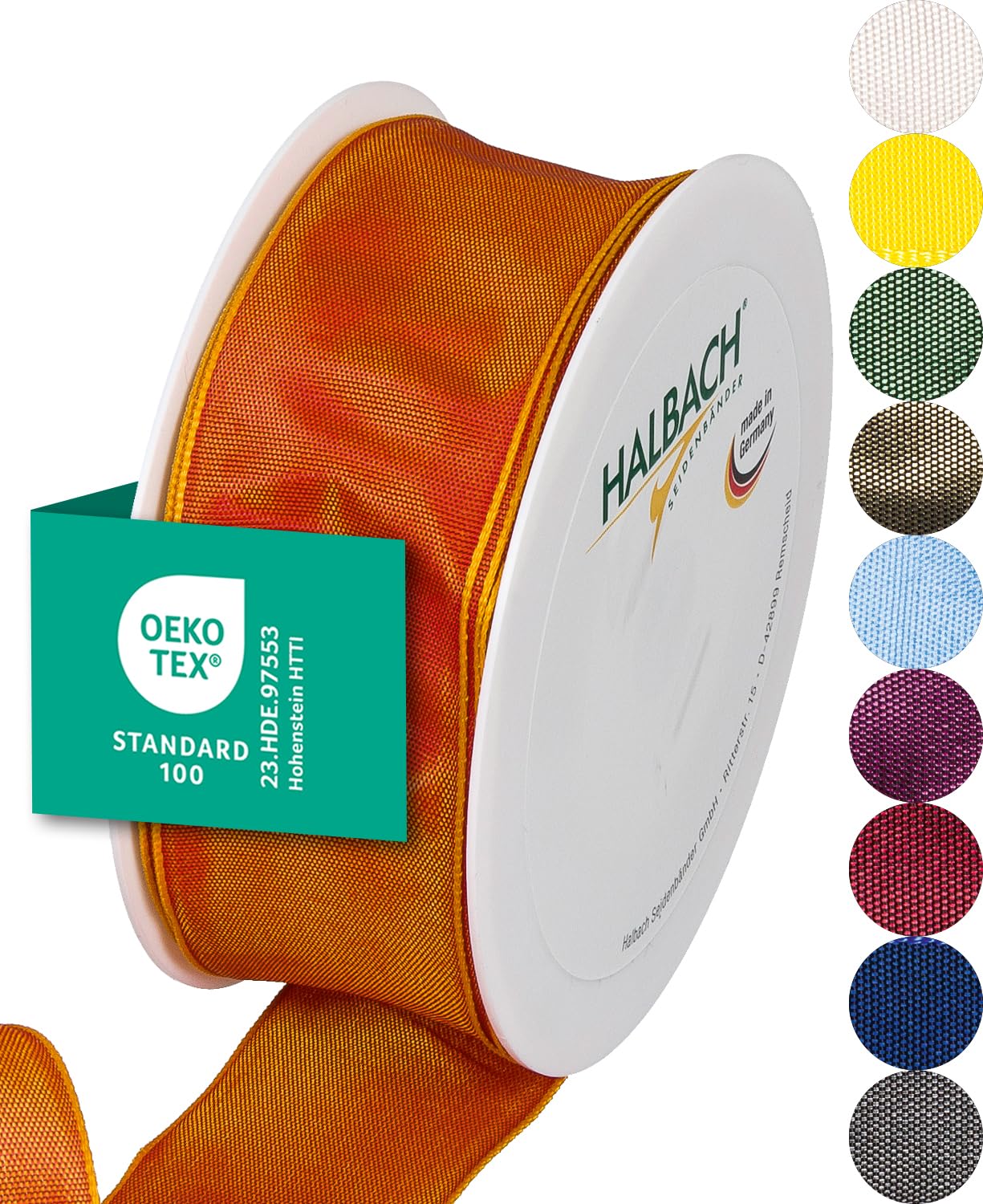 Halbach Seidenbänder Premium Geschenkband mit Drahtkante | Breite 40mm Länge 25m | Öko-Tex 100 zertifiziertes Schleifenband | Taftband Made in Germany, Farbe: dunkelorange