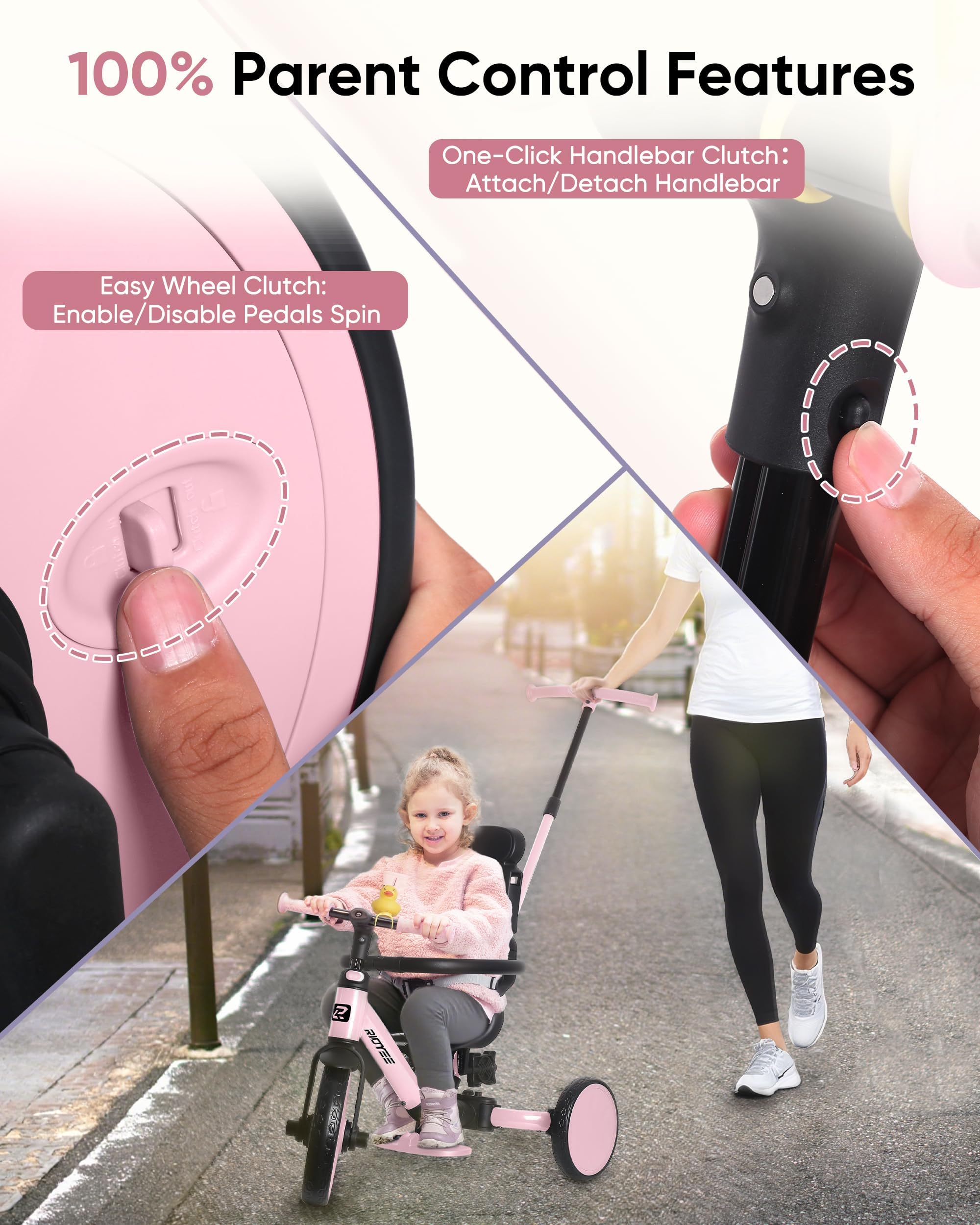 Triciclo 8 en 1 para 1.5-5 años, interruptor sin herramientas, triciclo para niños pequeños con mango de control de dirección para padres de 1.5 a 5 años, triciclo para niños pequeños de 1.5 a 3