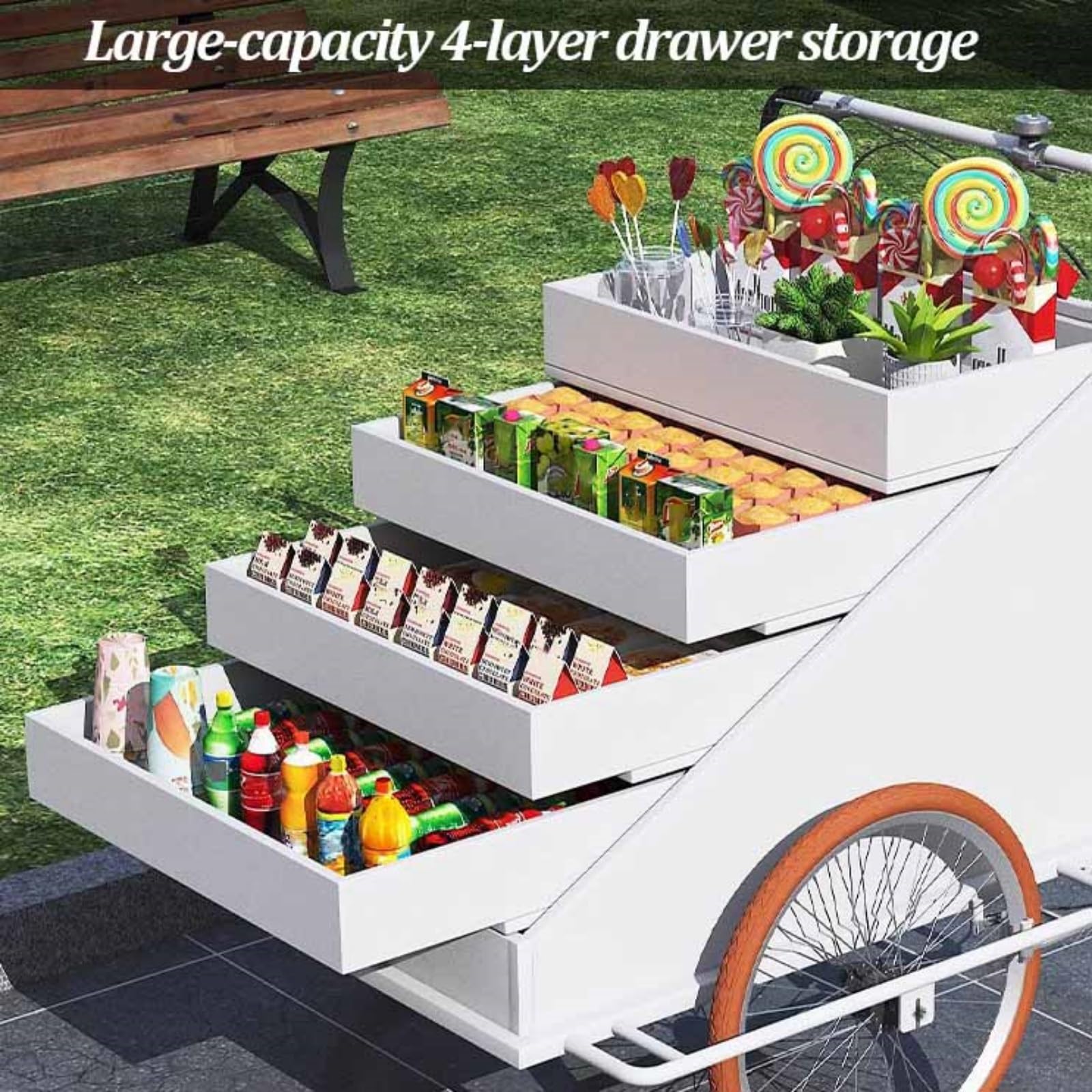 Mobiler Dreirad-Frachtwagen mit 4-lagigem Display-Rack, tragbarer Marktstand für Straßenverkauf und Lebensmittelkioskgebrauch