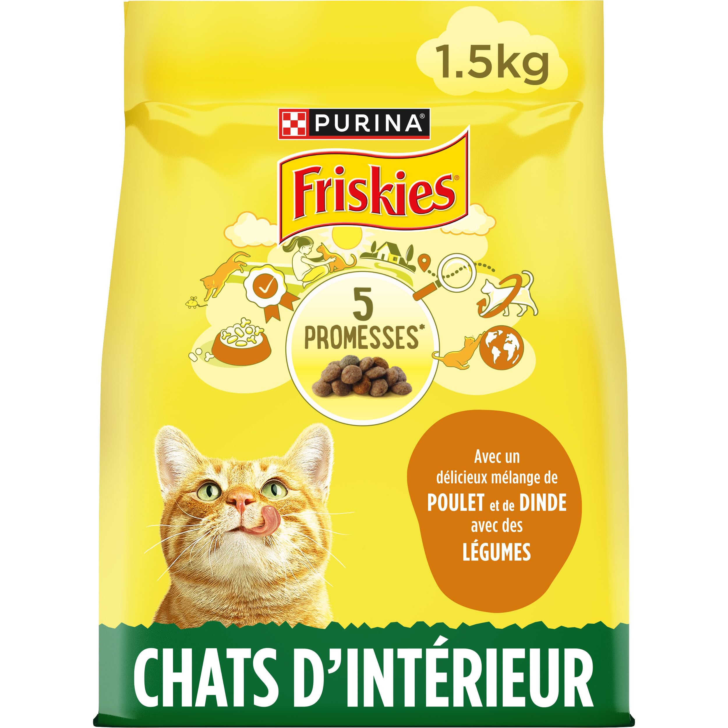 FRISKIES | Chat d'intérieur | Croquettes complètes pour Les Chats Adultes d'intérieur | Au Poulet et aux Légumes | Aliment Complet pour Les Chats Vivant en intérieur | Sac | 1,​5 KG
