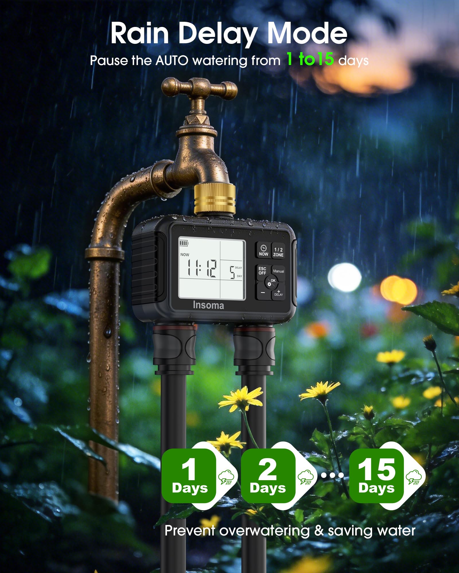 Insoma Timer per acqua con ingresso e uscita in ottone, 2 zone indipendenti per tubo da esterno per rubinetto da giardino con modalità auto/manuale/ritardo pioggia, regolatore di irrigazione per