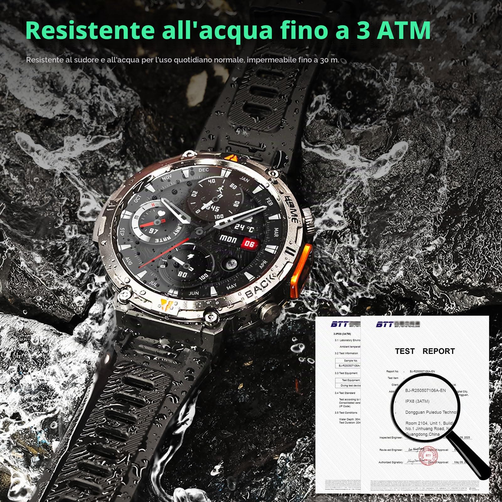 GPS Smartwatch Militare Uomo Impermeabile 3ATM con Torcia LED Bussola, 1,45" HD Rugged Smartwatch Orologio con Chiamate Bluetooth, Fitness Watch con Cardiaca SpO2 Notifiche WhatsApp per Android iOS