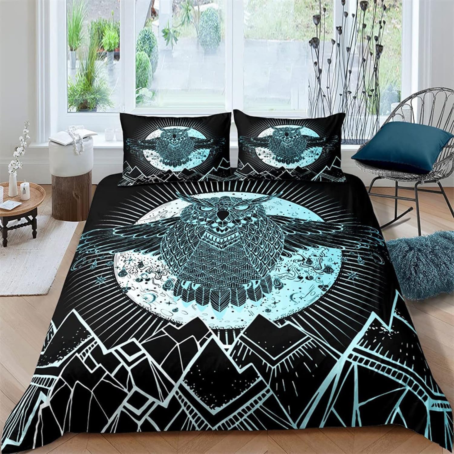 Housse de couette chouette 200x200 en tissu doux au fini satiné avec taies d'oreiller