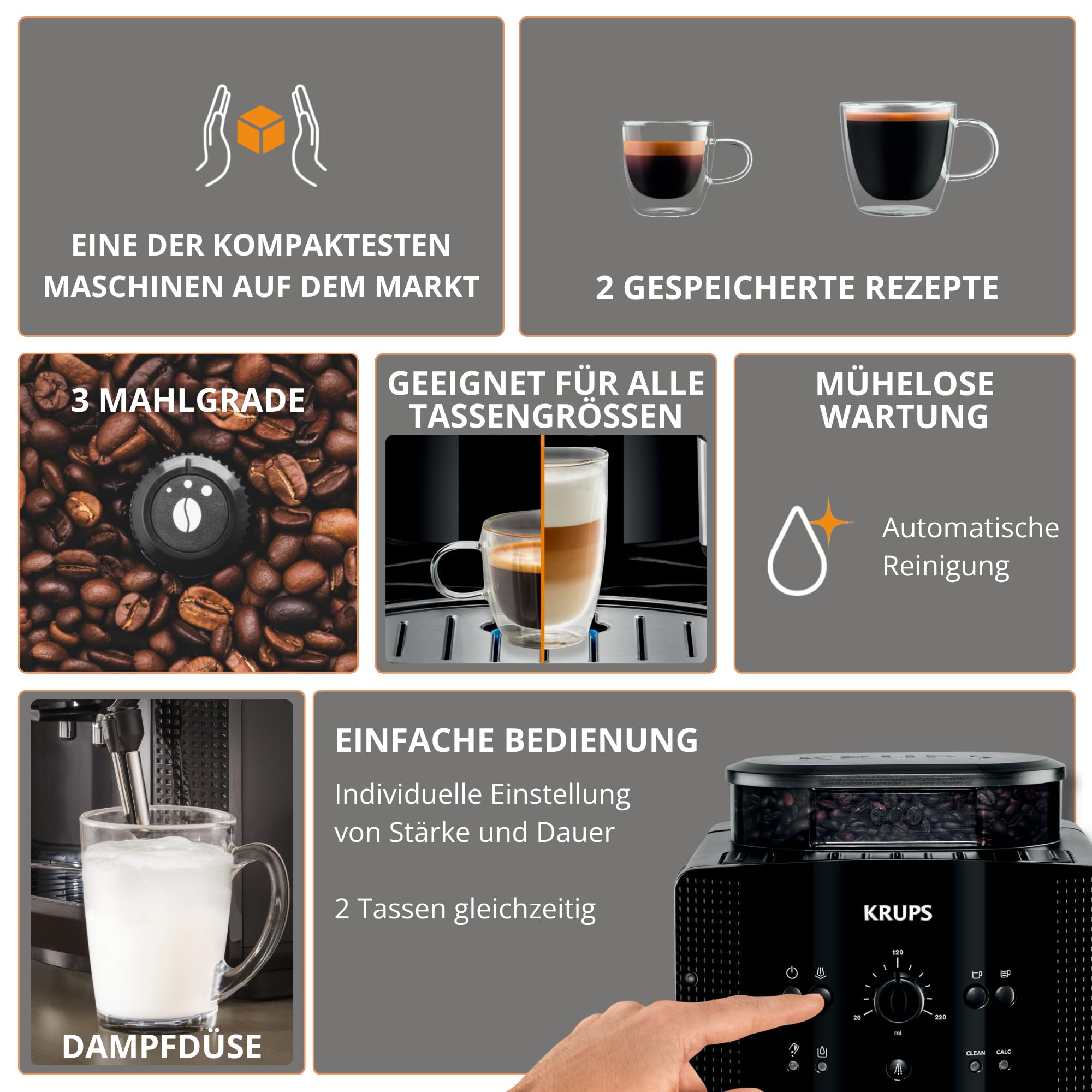 KRUPS Arabica Picto Kaffeevollautomat, Kaffeemaschine, Milchschaumdüse, 2-Tassen-Funktion, Schwarz