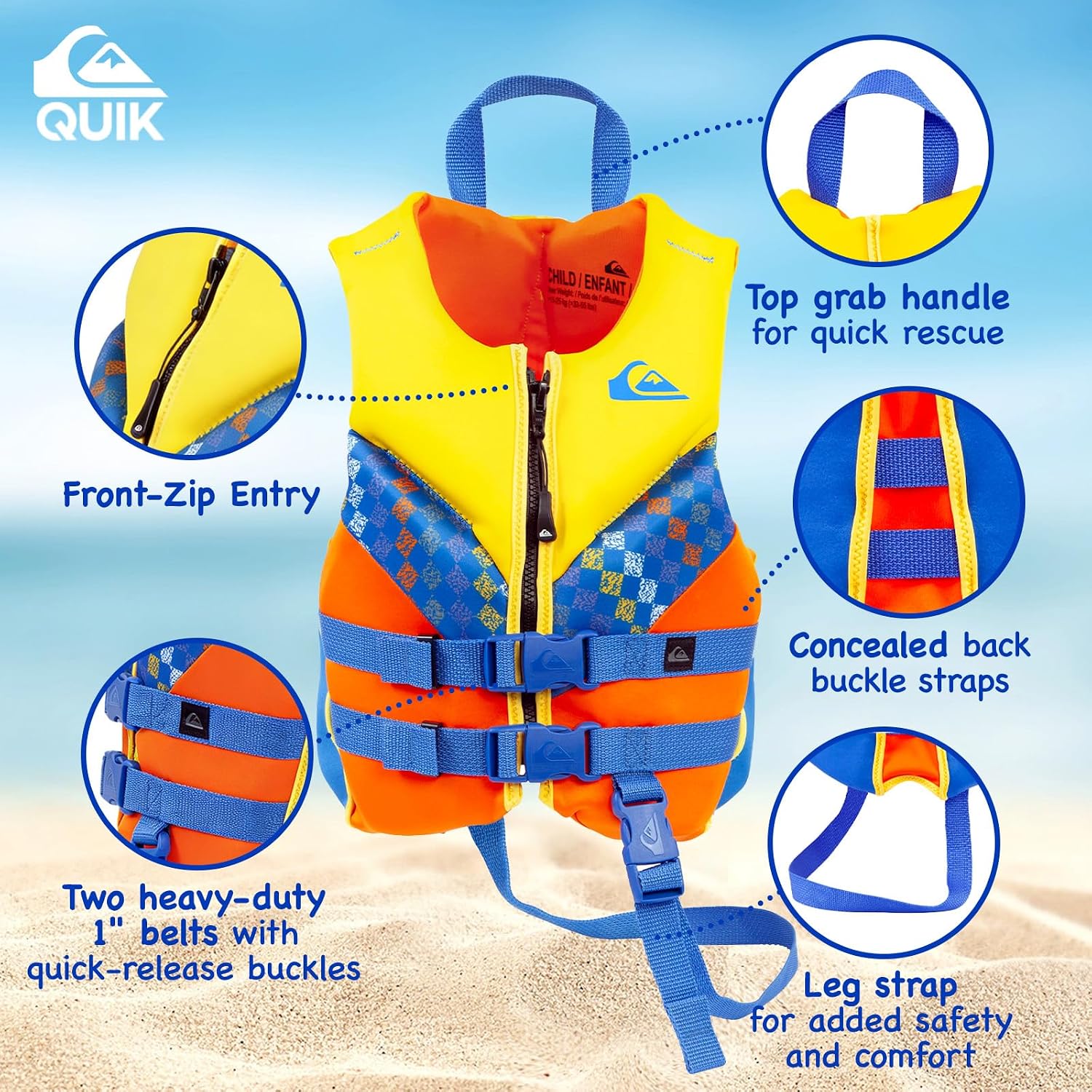 QUIKSILVER Kids Life Vest for 33-55 lbs, USCG and Transport Canada Approved Type III PFD, Evoprene Life Jacket with Safety Strap for Boating Kayaking Paddling Fishing Watersports