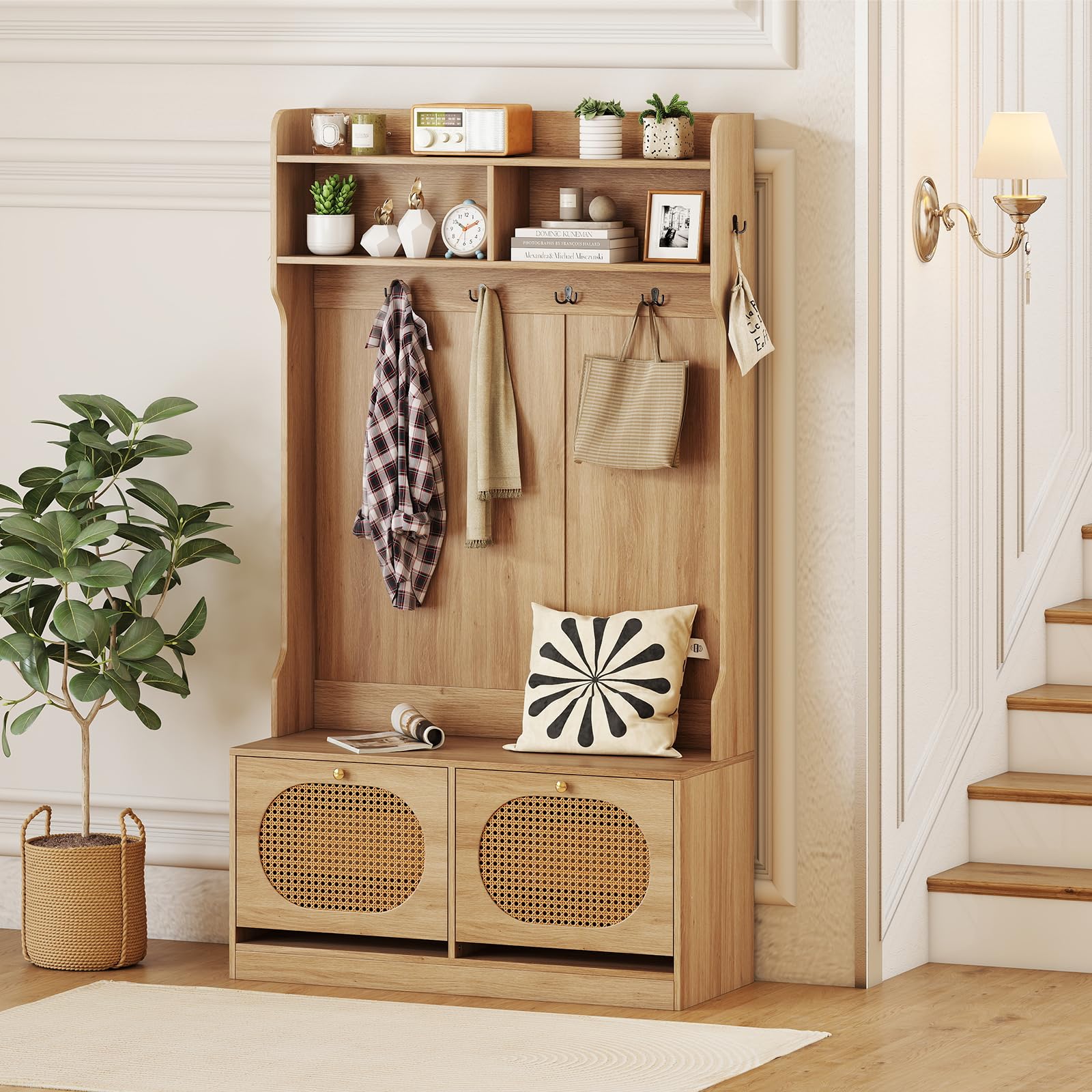 COSTWAY Perchero Zapatero 4 en 1, Muebles de Entrada Recibidor con 2 Cajones Abatibles, Ganchos Duales, Estantes, 101,5 x 40 x 180 cm, Entrada Salon Pasillo
