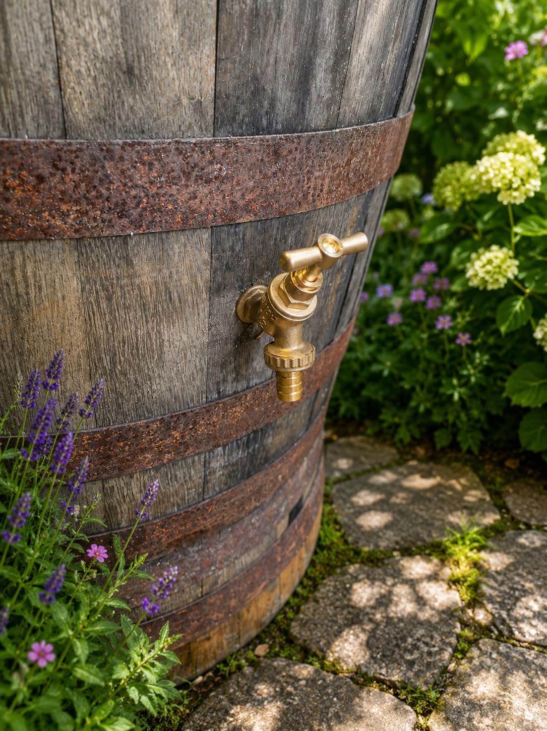 Rustic Oak Barrel Water Butt with Stand and Brass Tap