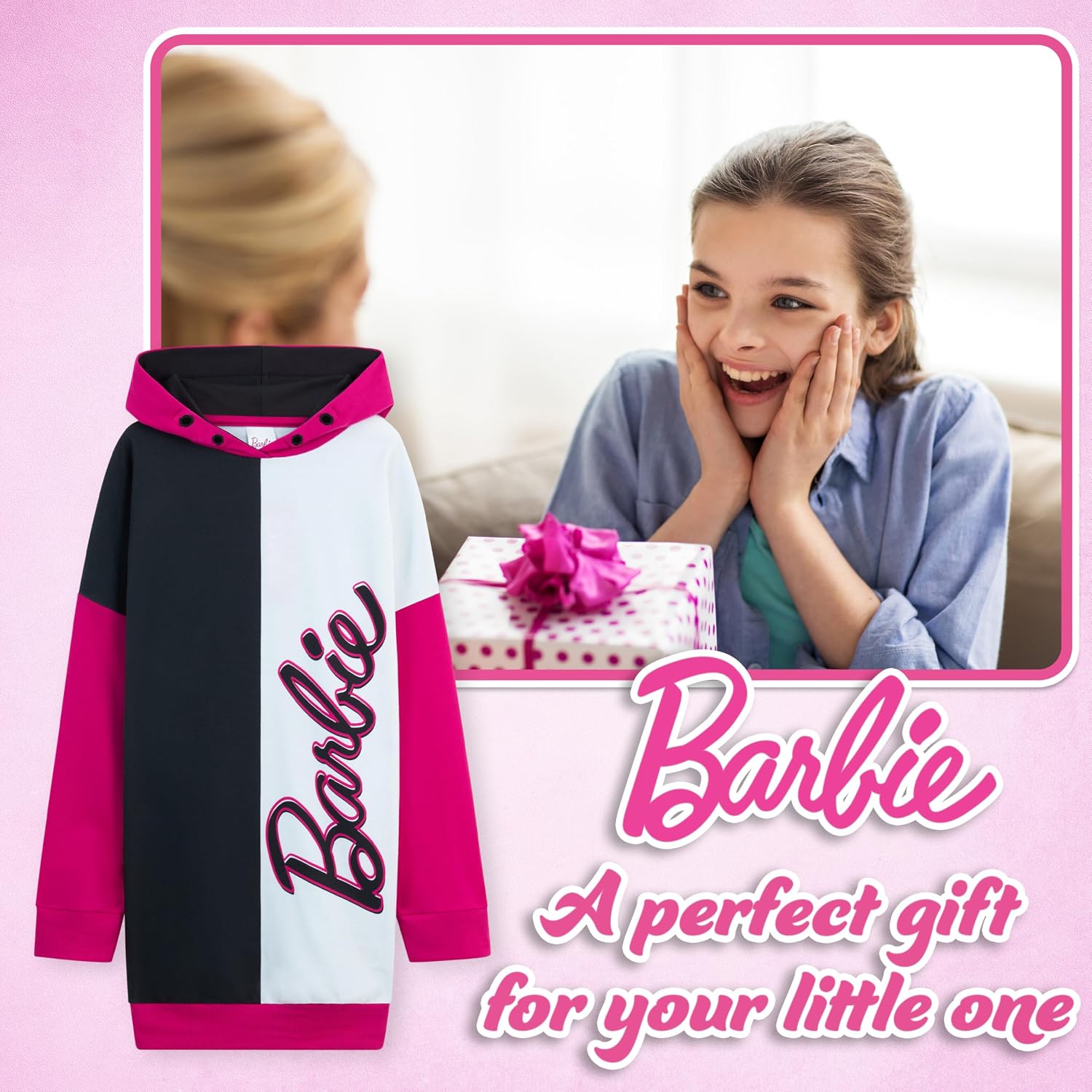 Barbie Sweatshirt Dress for Girls Teens Oversized Cosy Hoodie Dress Pullover