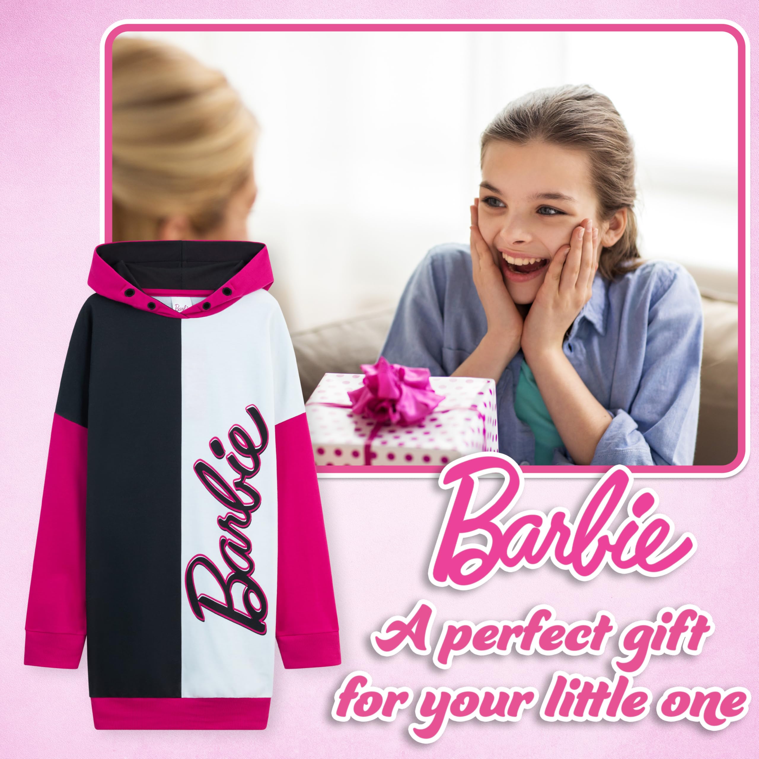 Barbie Bluza sukienka dla dziewcząt, nastolatków, oversize, przytulna sukienka z kapturem, sweter, wielobarwny, 4-5 lat