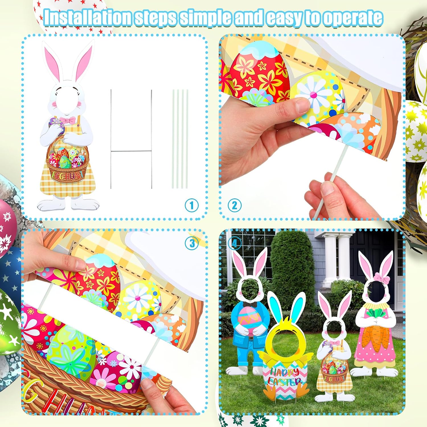 Soaoo 4 Pcs Happy Easter Yard Sign Bunny and Chick Easter Face Yard Sign Decorations with Stakes Waterproof for Egg Hunt Decorations Lawn Garden Props Holiday Party Supplies