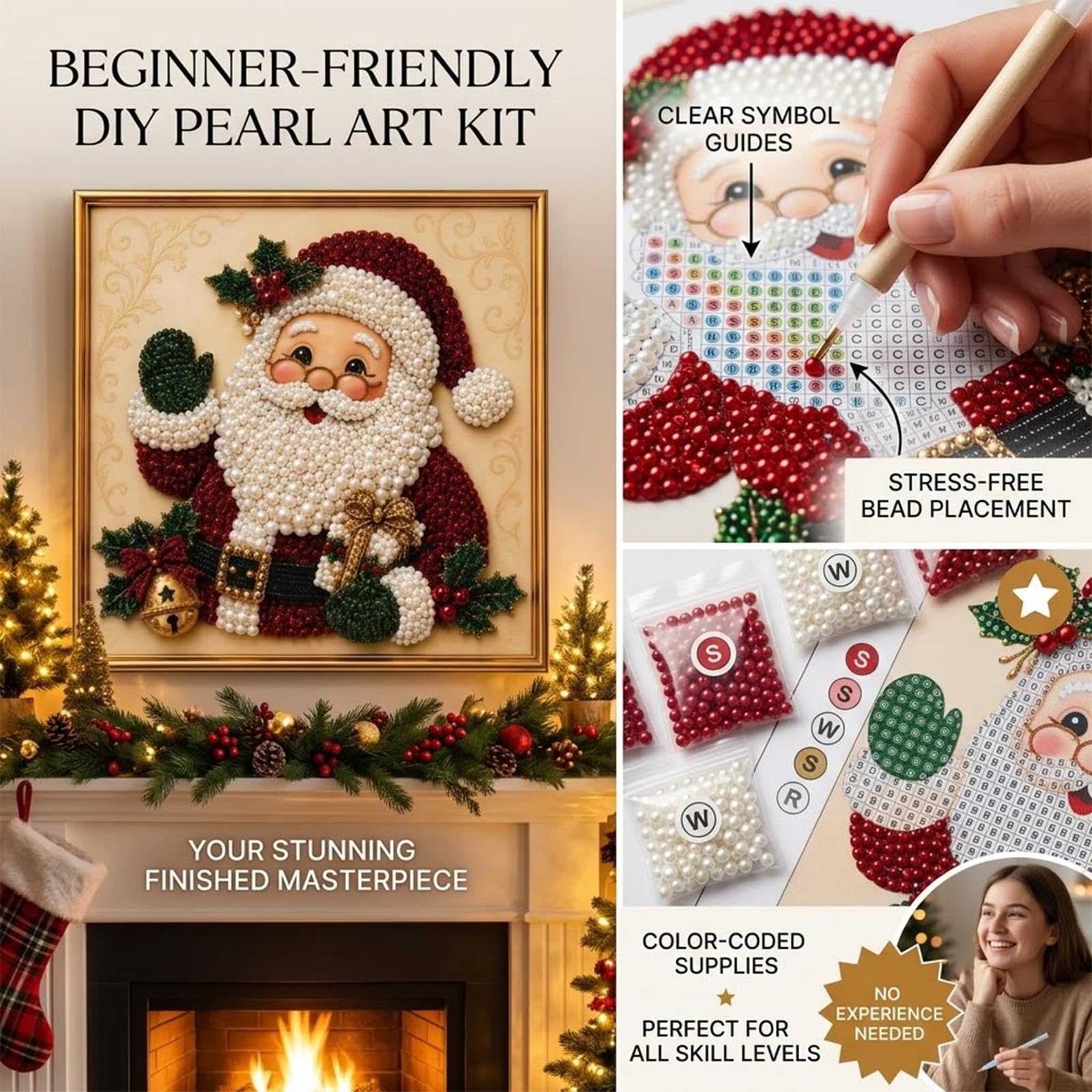 Zestaw 3D Pearl Christmas Wall Art Kit, oprawiony zestaw do malowania diamentowego DIY z koralikiem