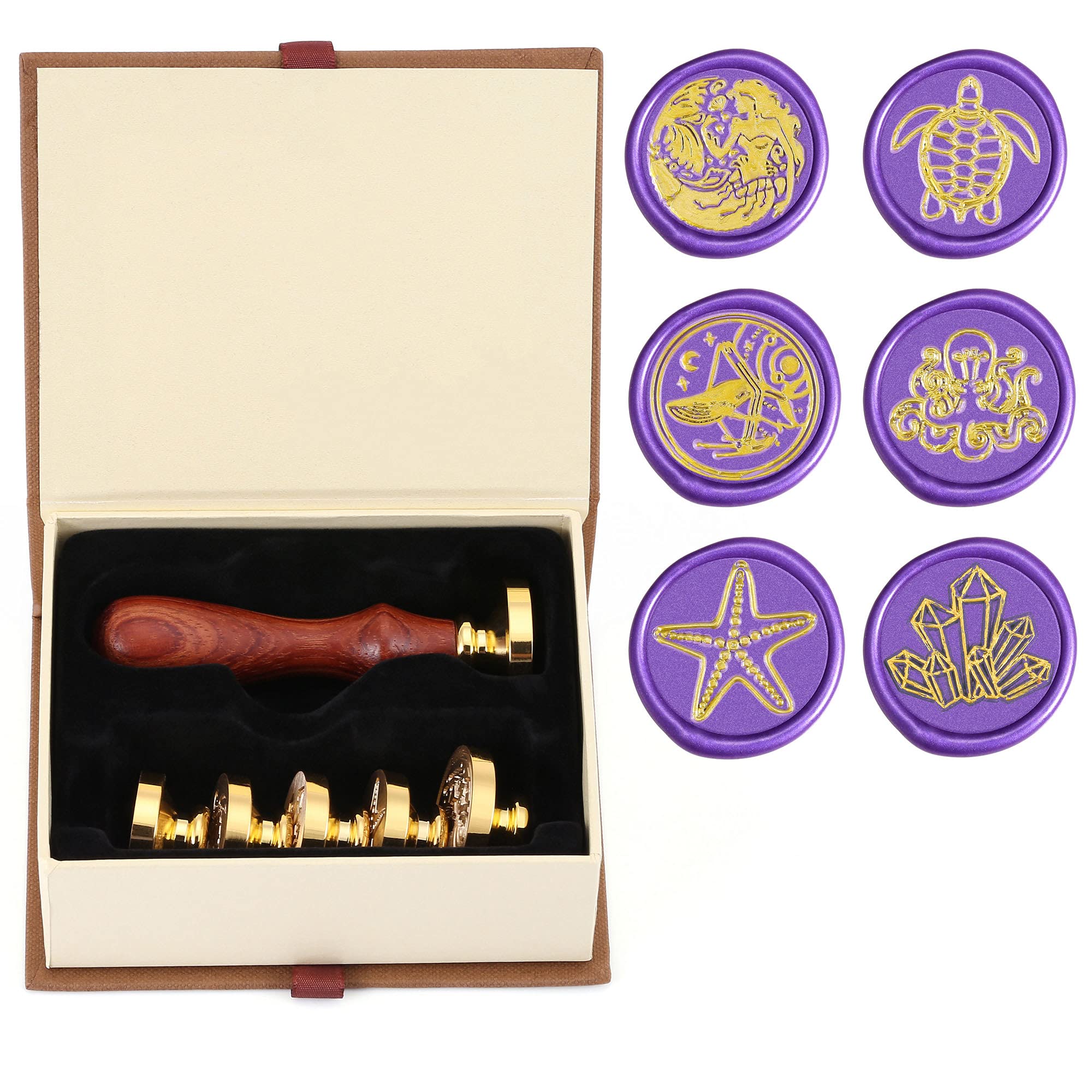 Yoption Juego de 6 sellos de cera, kit de sellos de sirena de cristal oceánico | Mango de madera con cabeza de latón para invitaciones de boda, sellos de sobre, papel de regalo, tarjeta de Navidad
