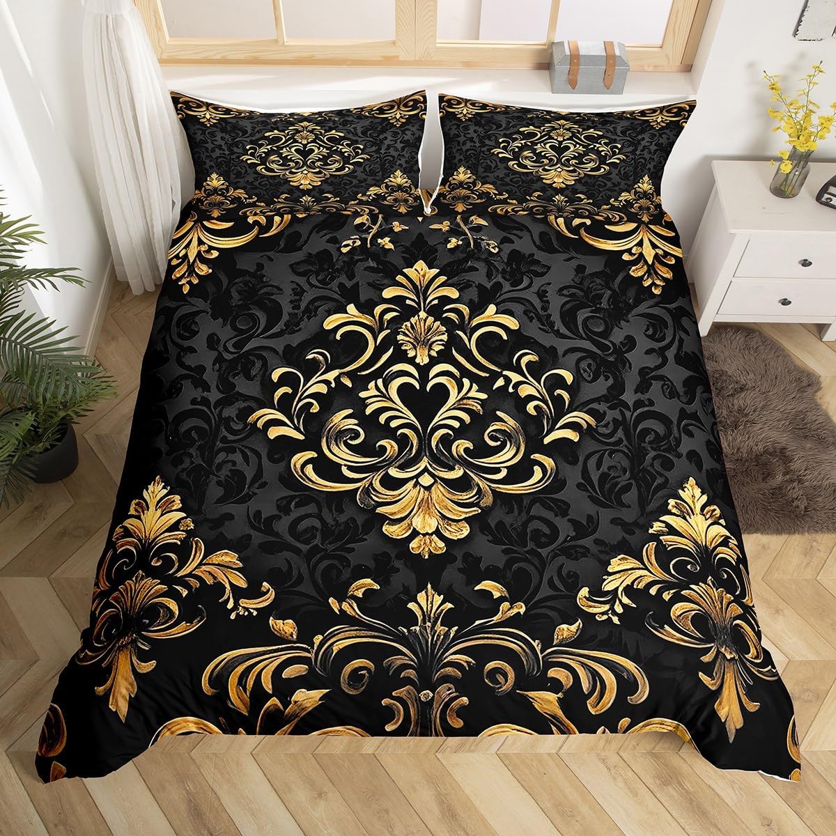 Erosebridal Black Gold Gothic Duvet Cover King,Vintage Boho Damask Floral Comforter Cover,Bohemian Exotic Goth Bedding Set for Kids Adults Victorian Baroque Flower Bed Set 3 Pcs