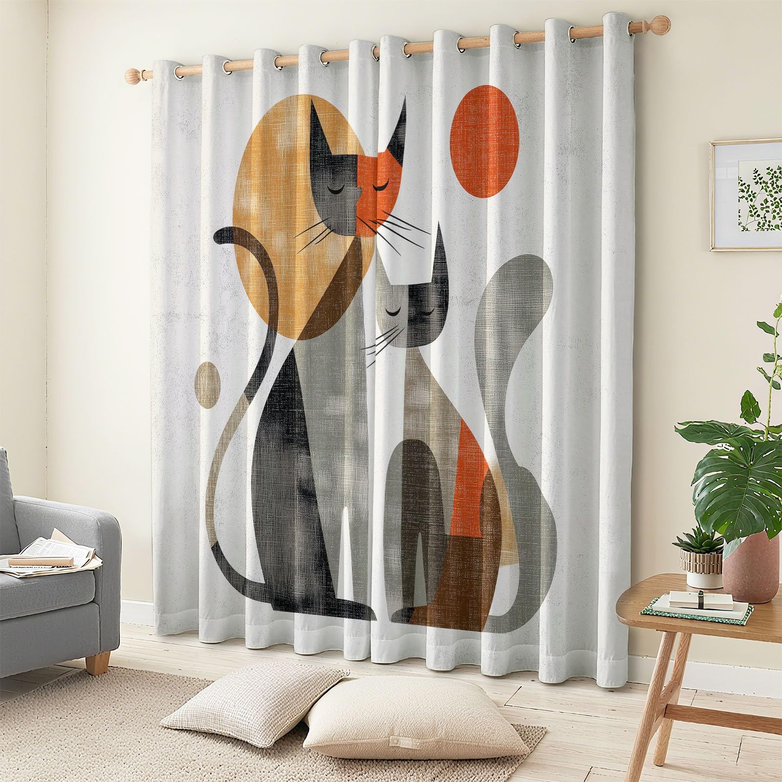 Tende oscuranti moderne per il Medioevo astratto con due gatti, 228 cm, colore beige, isolamento termico, con occhielli, per camera da letto e soggiorno, 2 pannelli, totale 234 x 229 cm