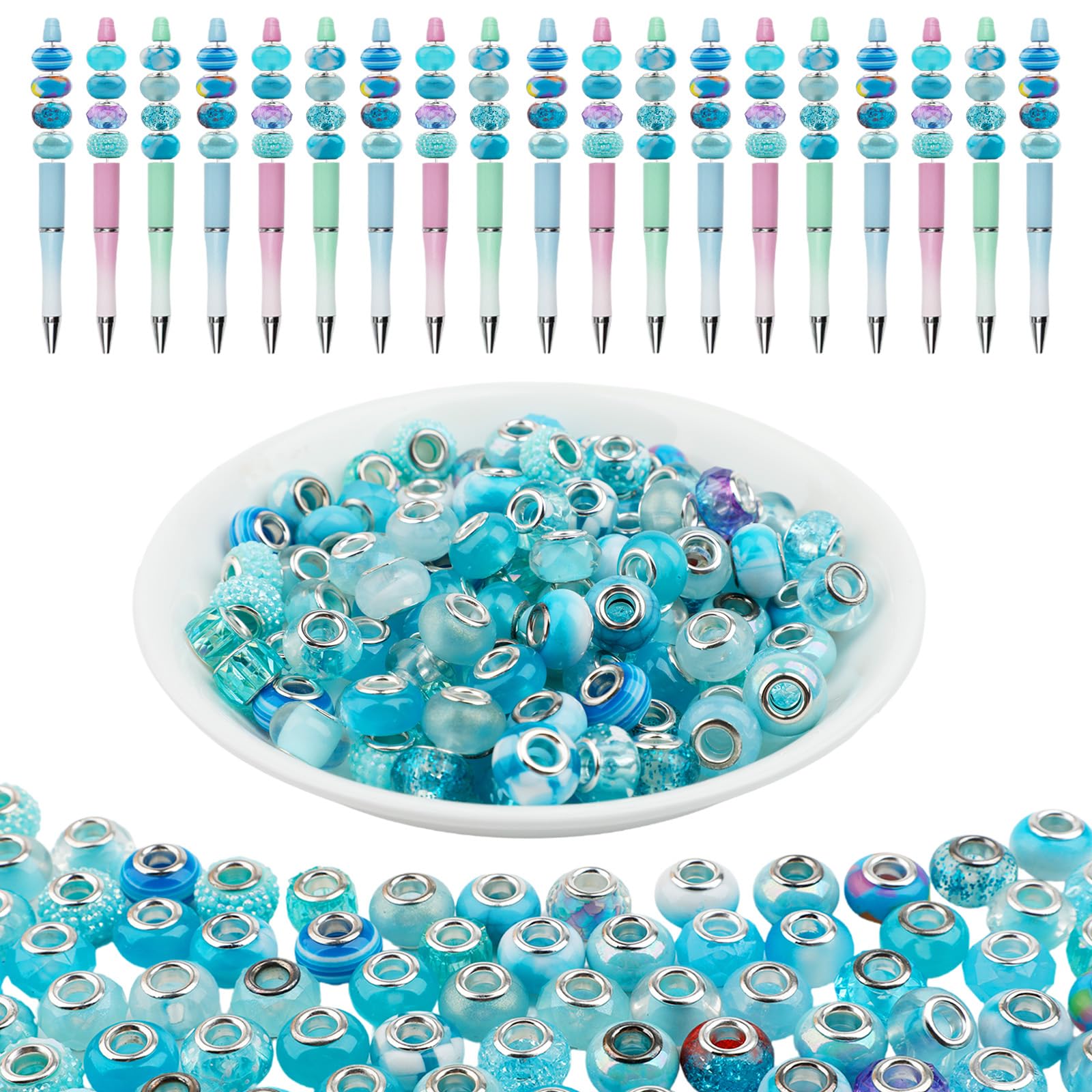 Photo 1 of 100pcs Blue Large Hole European Beads, Resin Rondelle Glass Beads with Silver Brass Cores, Big Hole Spacer Craft Bead for DIY Charm Bracelet Necklace Pens, Jewelry Making, 14mm