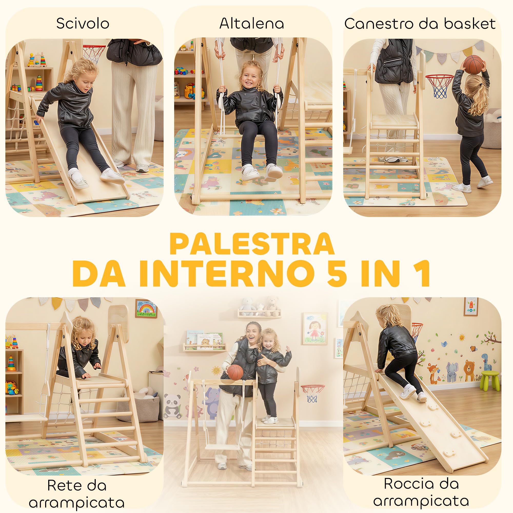 AIYAPLAY Struttura da Arrampicata per Bambini 5 in 1, Parco Giochi in Legno con Scivolo, Pannello e Rete da Arrampicata, Altalena e Canestro, Gioco Montessori Educativi Pieghevole da Interno, 3-6 Anni