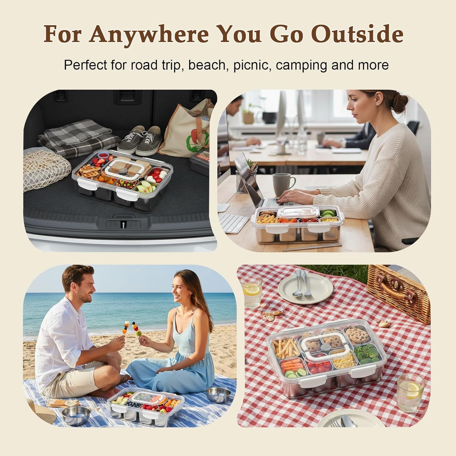 Snackle Box Container with Ice Pack Stainless Steel,Portable Snack Boxes with Lid and Insulated Bag,8 Compartment Snackle Storage Divided Serving Tray Beach Road Trip Picnic for Fruit Charcuterie