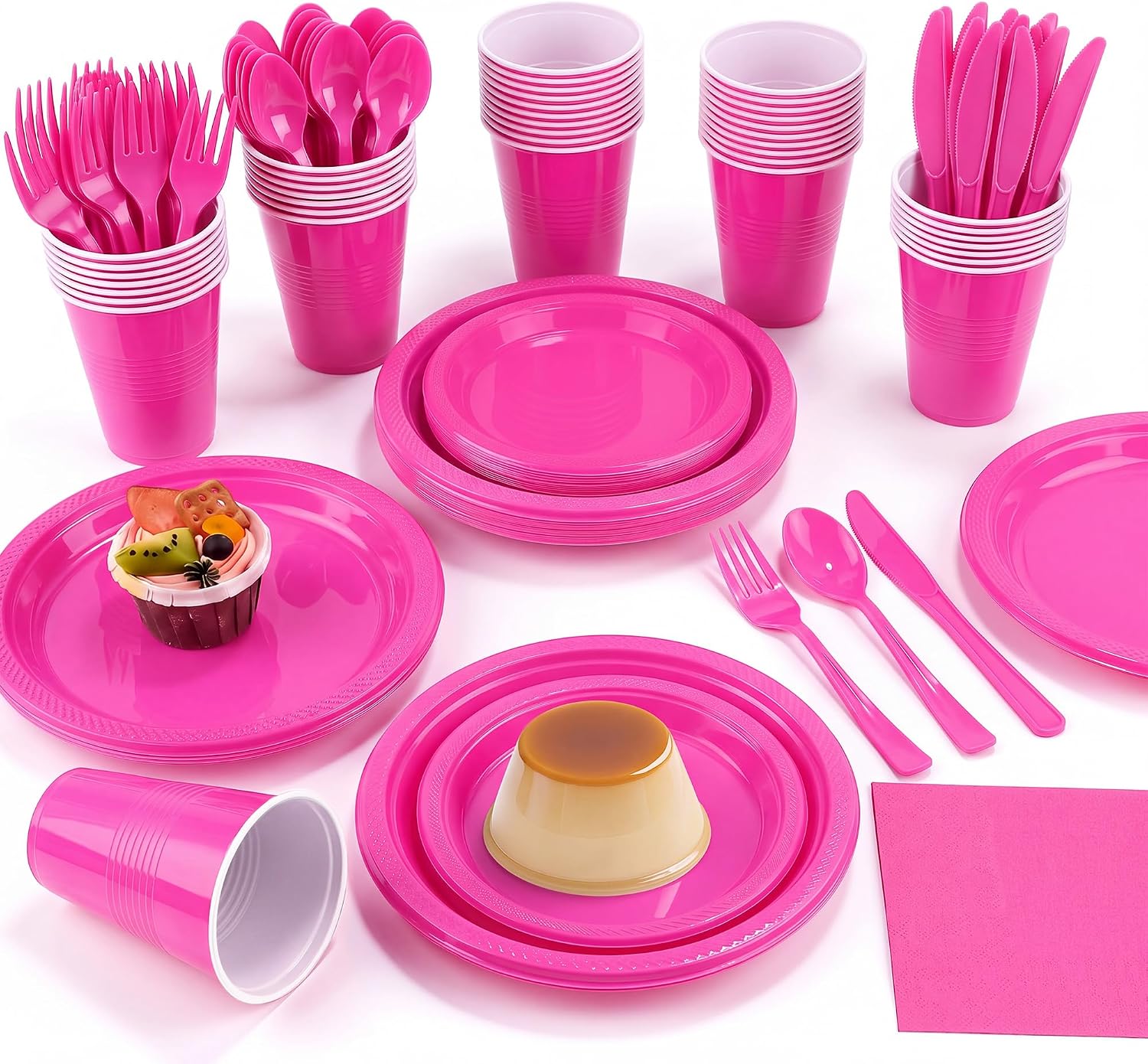 Aodaer 200 Pieces Hot Pink Party Supplies Disposable Dinnerware Set Include Plastic Plates Cups Knives Forks Spoons Paper Napkins for Birthday Wedding Graduation Parties, Serve 25 Guests