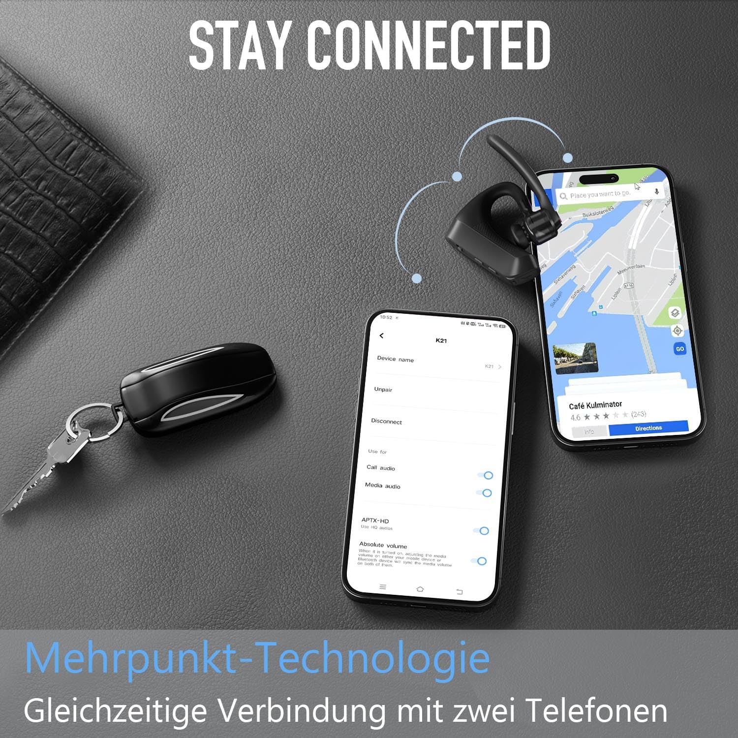 Conambo Auricolare Bluetooth senza fili V5.２, K10C Auricolare Bluetooth monofonico con cancellazione del rumore CVC 8.0 e ENC per la guida e il lavoro, 16 ore di conversazione