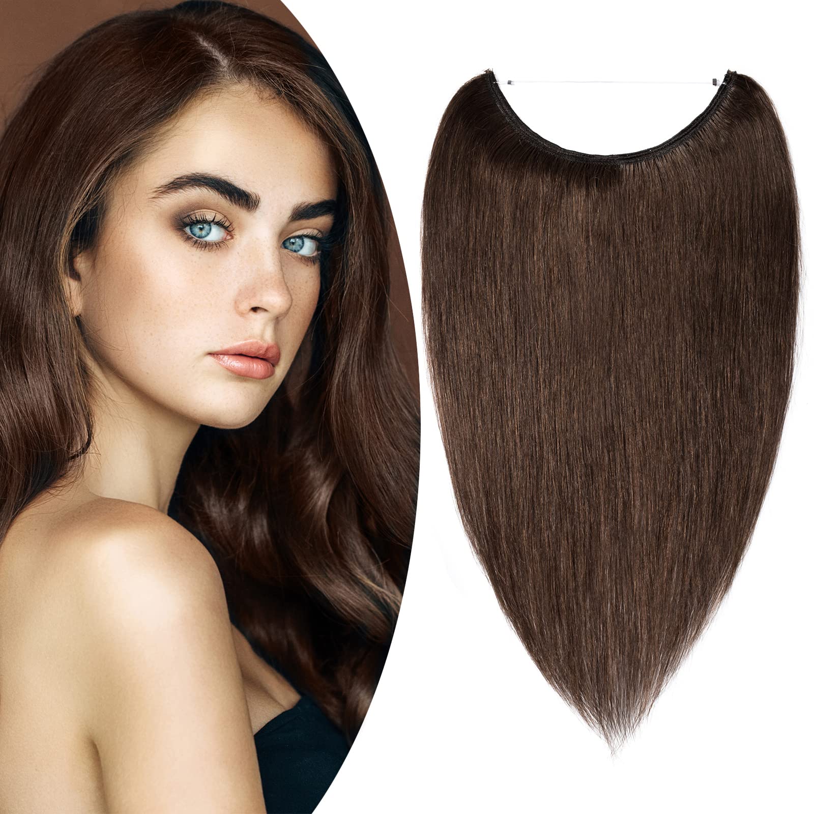 16" One Piece Straight Remy Human Hair Miracle Secret Invisible Wire Hair Extensions - No Clip No Glue - Hairpieces for Women [40cm,60g,#4 Medium Brown]