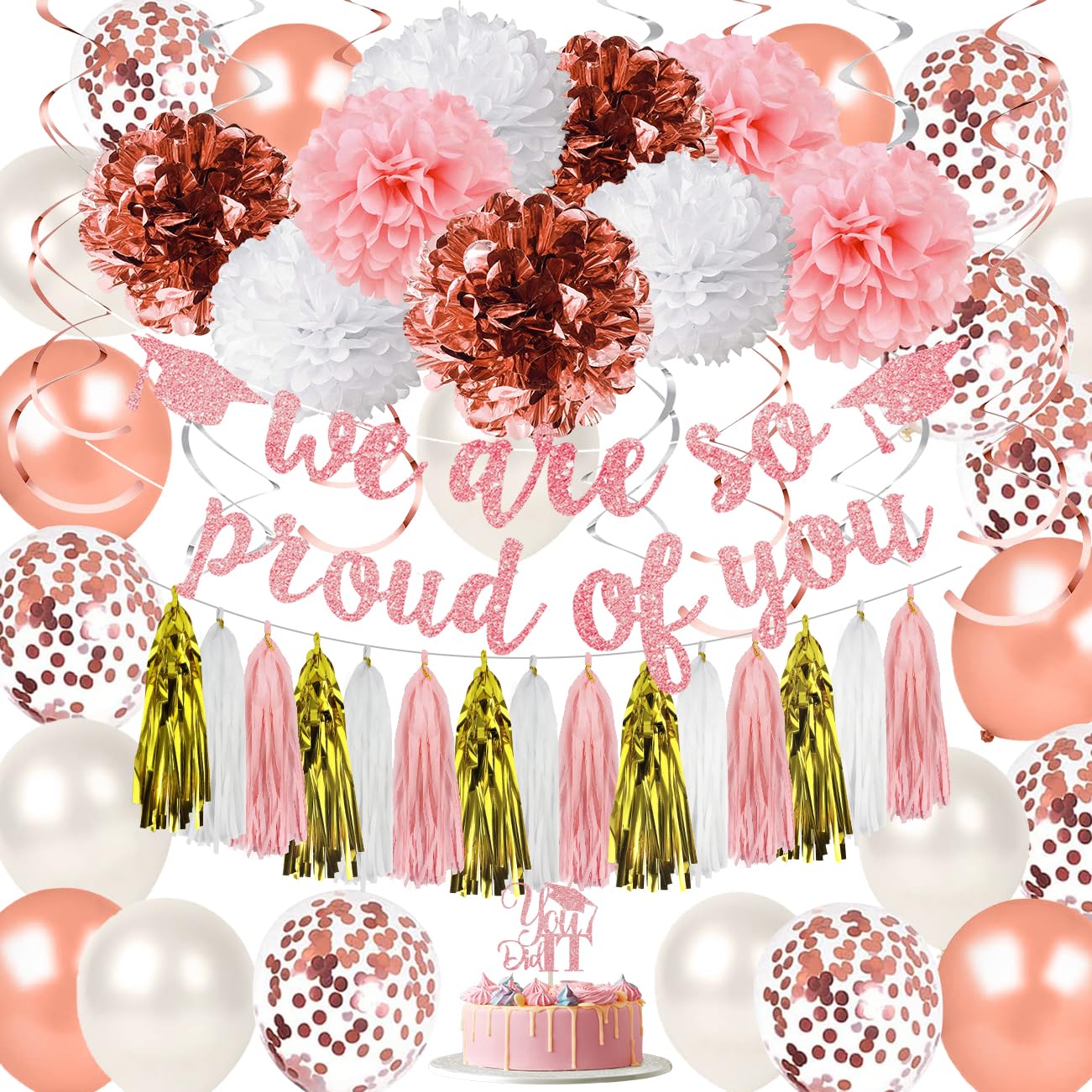Graduation Decorations 2026 Pink Class of 2026 We Are So Proud of You Banner, Rose Gold 2026 Balloons for Pink Graduation Party Decorations