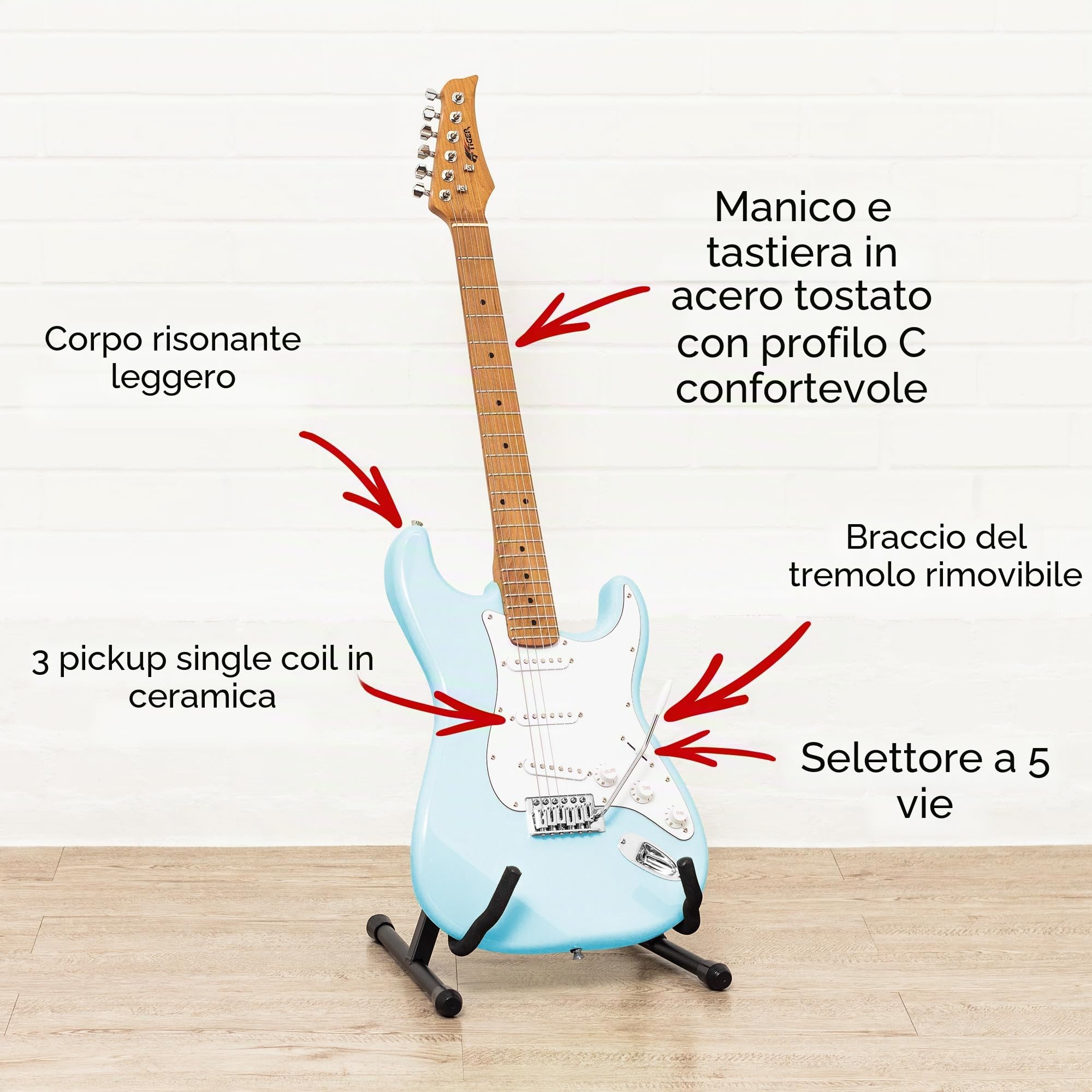 Tiger ELG-LBL chitarra elettrica full size azzurra | Manico in acero stagionato e pickup SSS versatili, adatta a tutti gli stili musicali e livelli di esperienza.