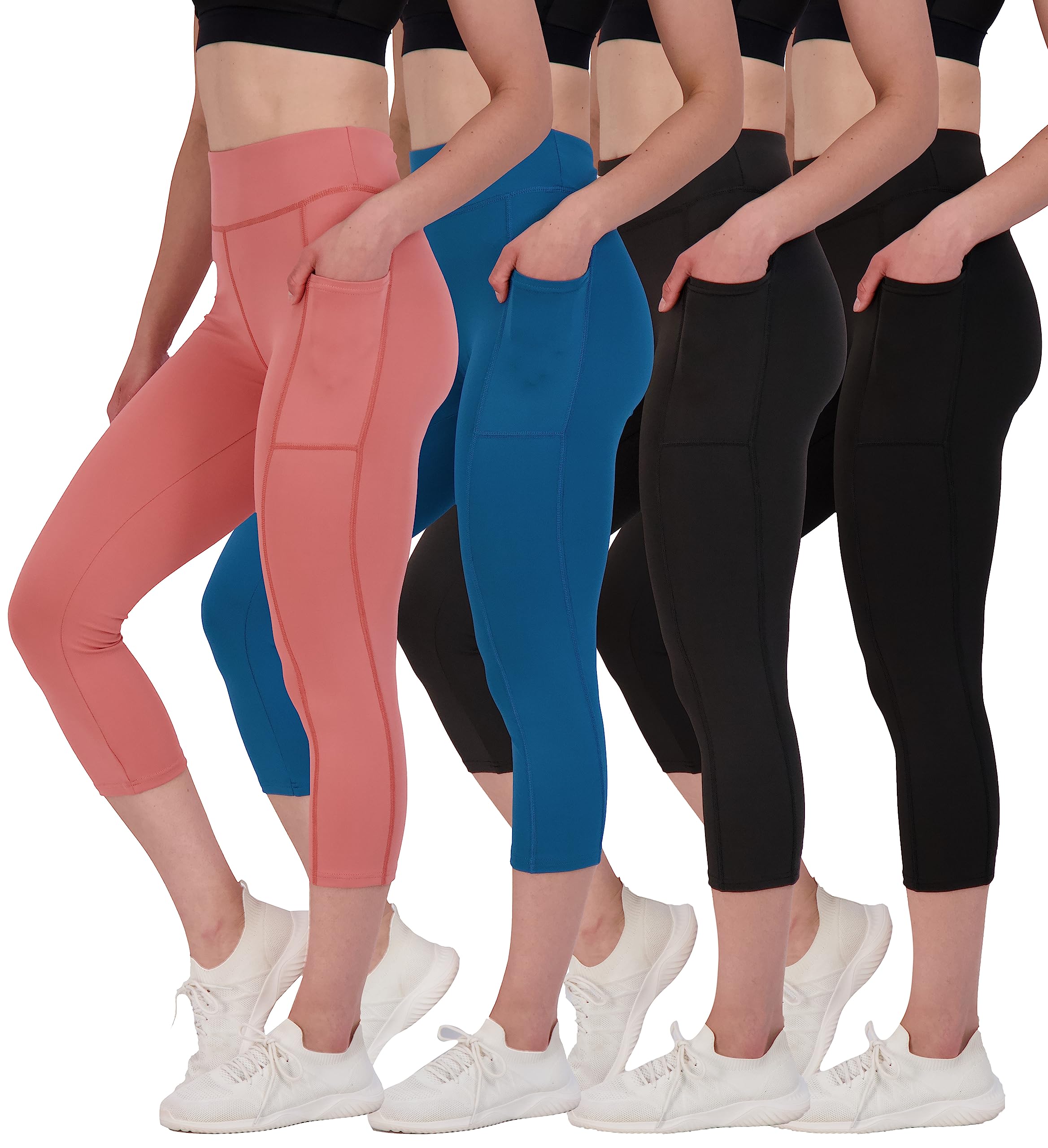 Real Essentials 4 Pack: Women's Capri Leggings with Pockets Casual Yoga Workout Exercise Pants (Available in Plus Size)