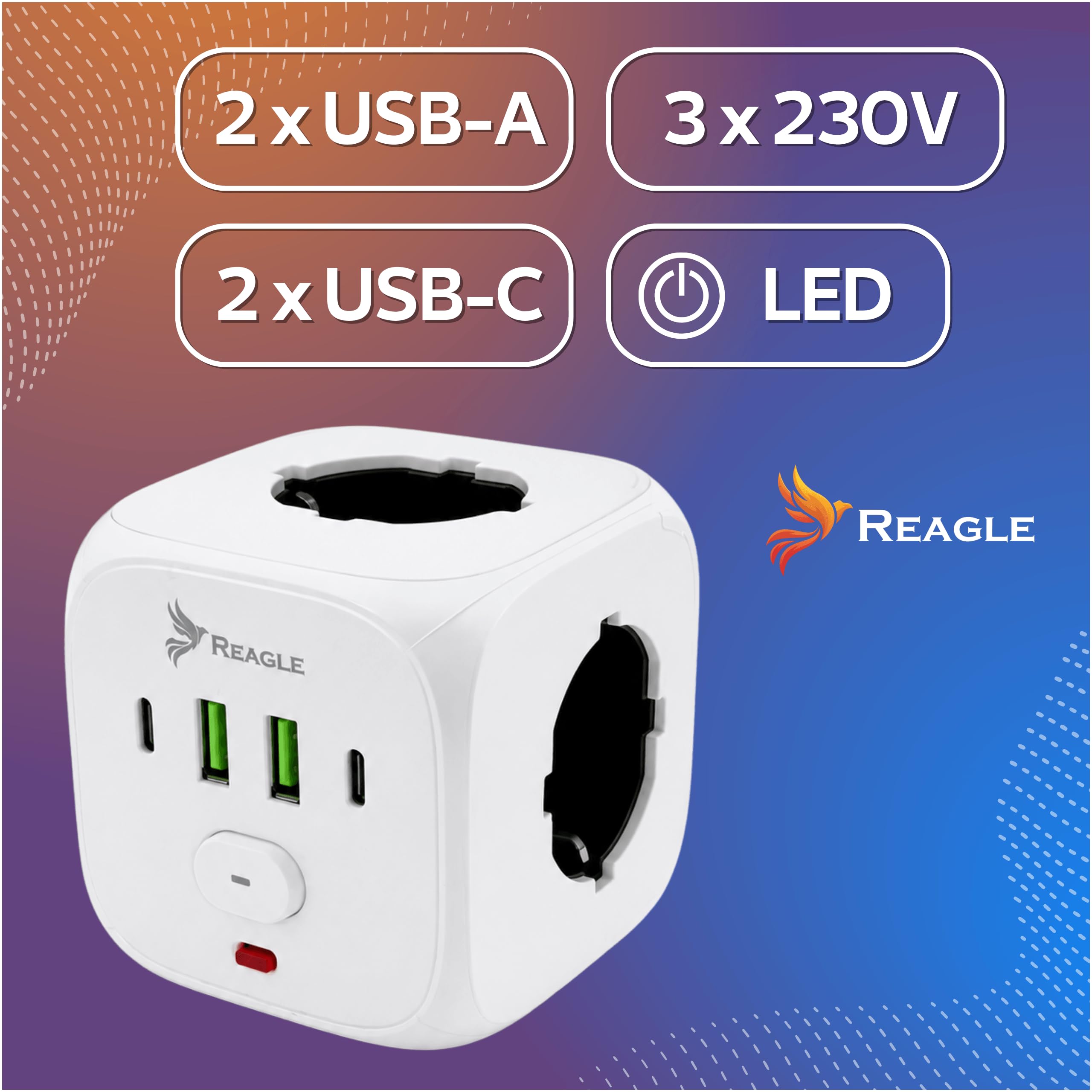 Reagle Kostka Zasilająca Bez Kabla 3 Gniazda 230V, Rozgałęźnik Do Gniazdka z USB 2x USB A 2x USB C, Listwa Zasilająca Cube, Włącznik ON OFF, 2500W, Do Domu Biura Podróży, Biała